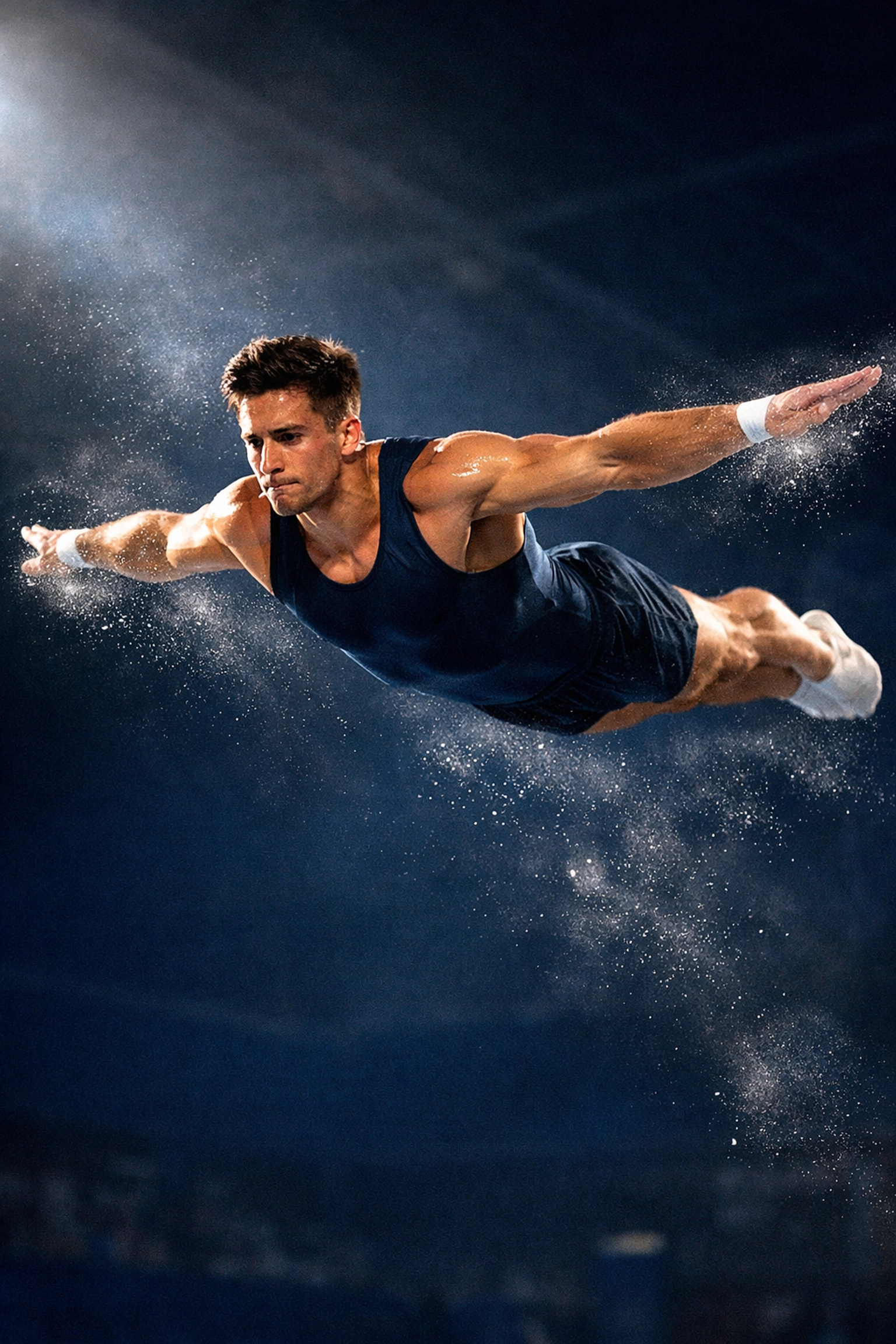 Male gymnast performing powerful floor routine demonstrating strength and athletic identity