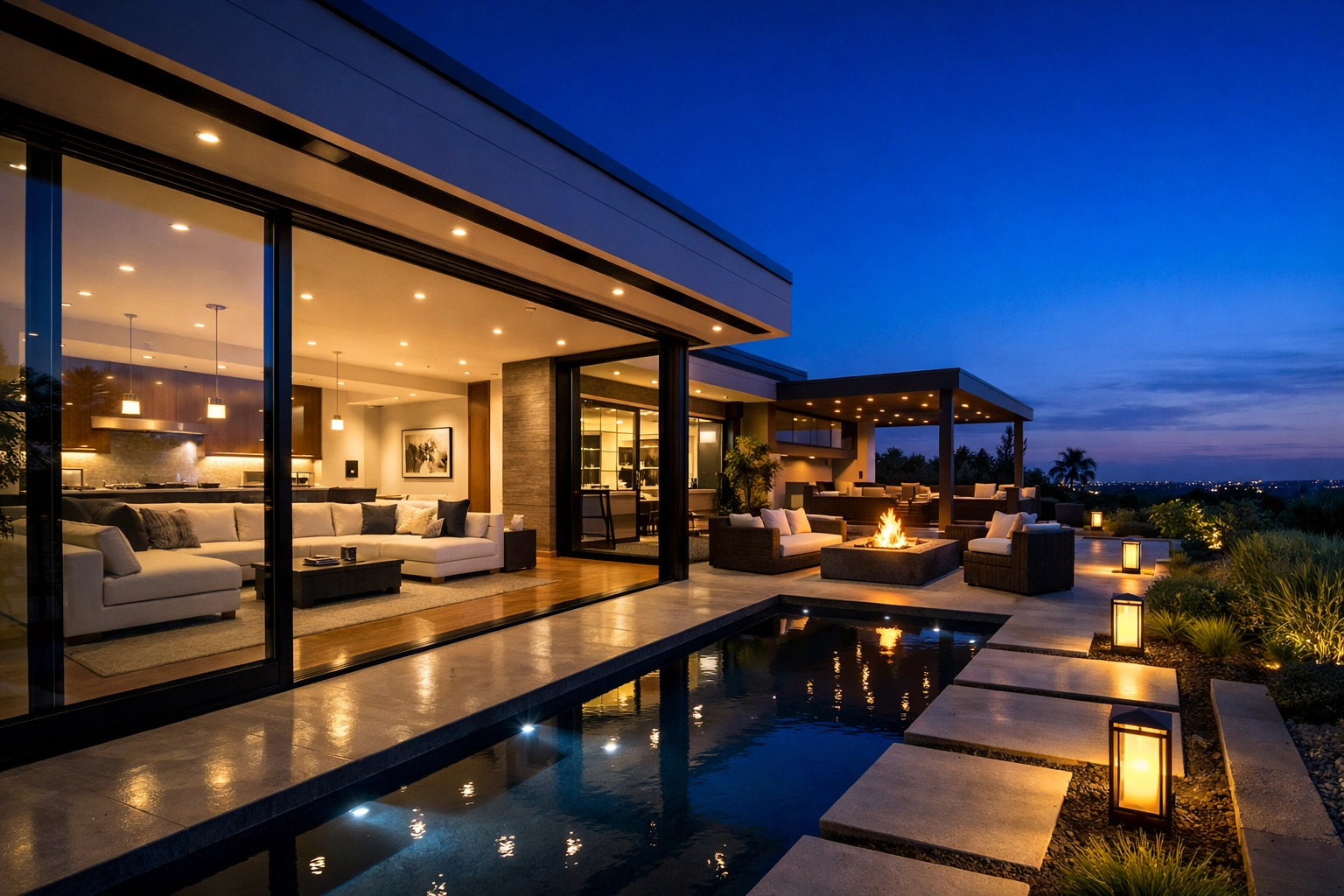 Twilight view of a luxury home with professionally cleaned windows and a spotless outdoor patio space.