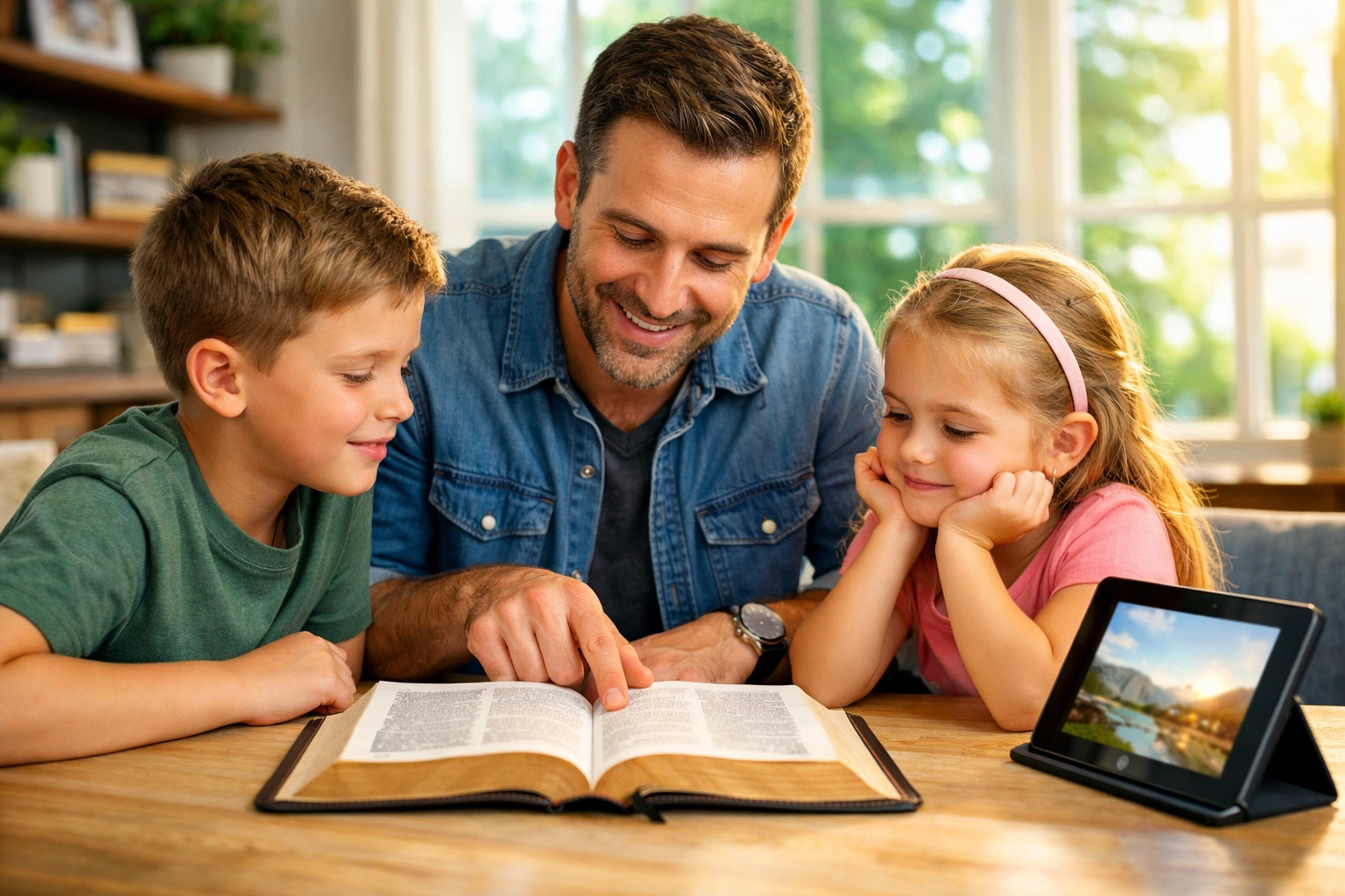 A father teaching his children using a Bible and tablet, highlighting family discipleship and faith.