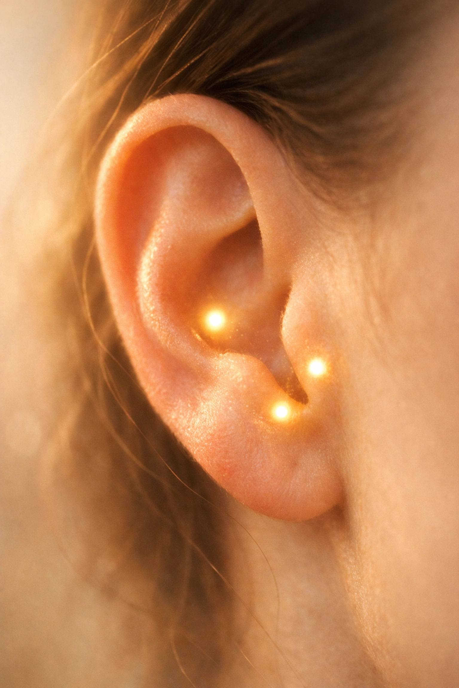 Close-up of the human ear showing vagal stimulation points on the tragus for calming massage.