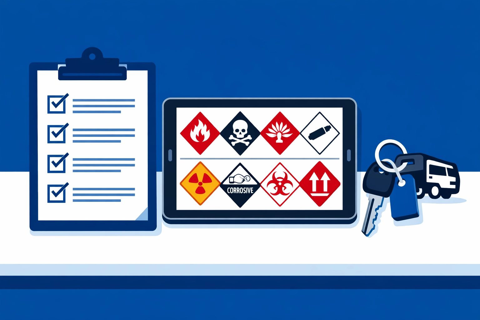 Study materials and hazard symbols for a professional ADR Course in Lanarkshire driver training session.