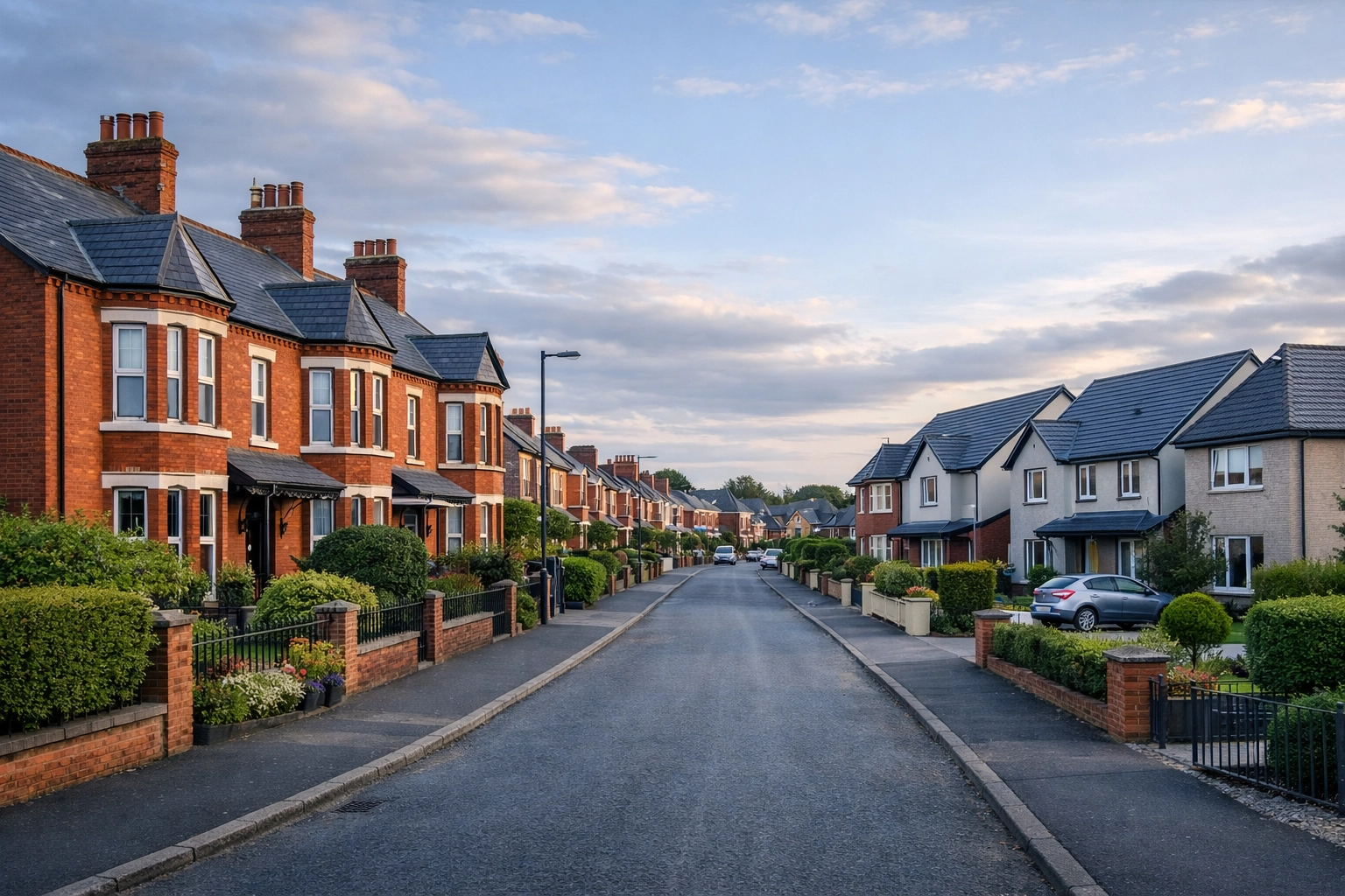 Lisburn residential street showing Victorian and modern homes with different roof types