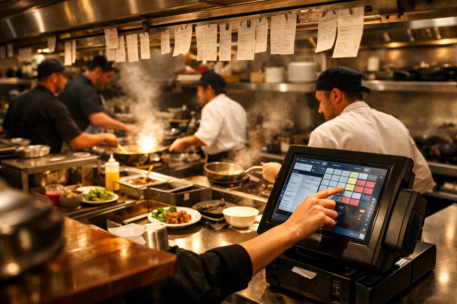 Restaurant kitchen during peak service with chef using POS terminal to manage orders
