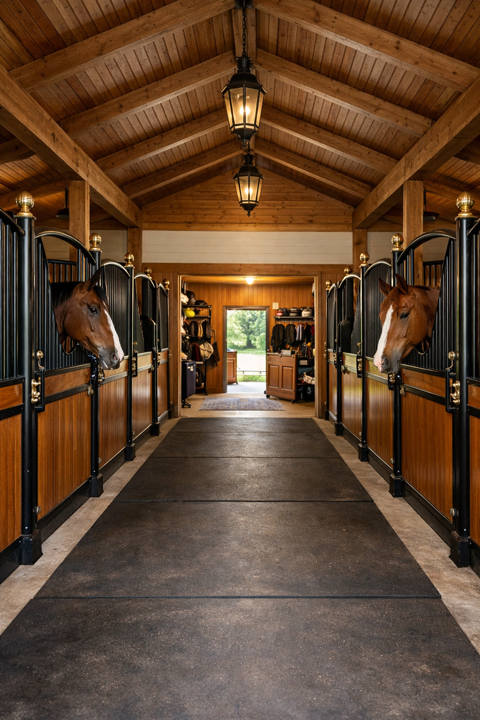 Horse barn interior with stalls and center aisle at Waxhaw equestrian property