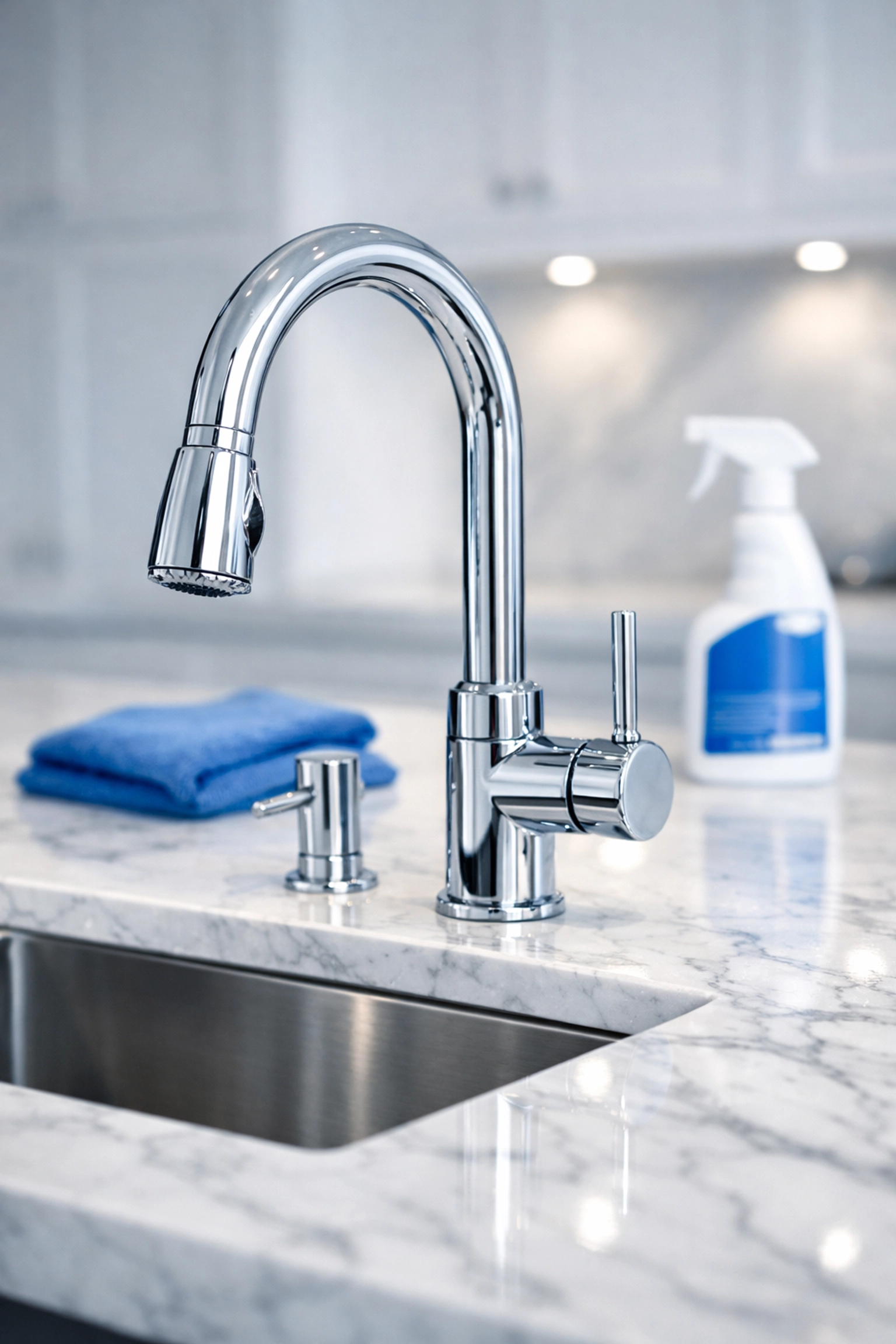 Close-up of a spotless marble kitchen island and faucet after a deep house cleaning service.