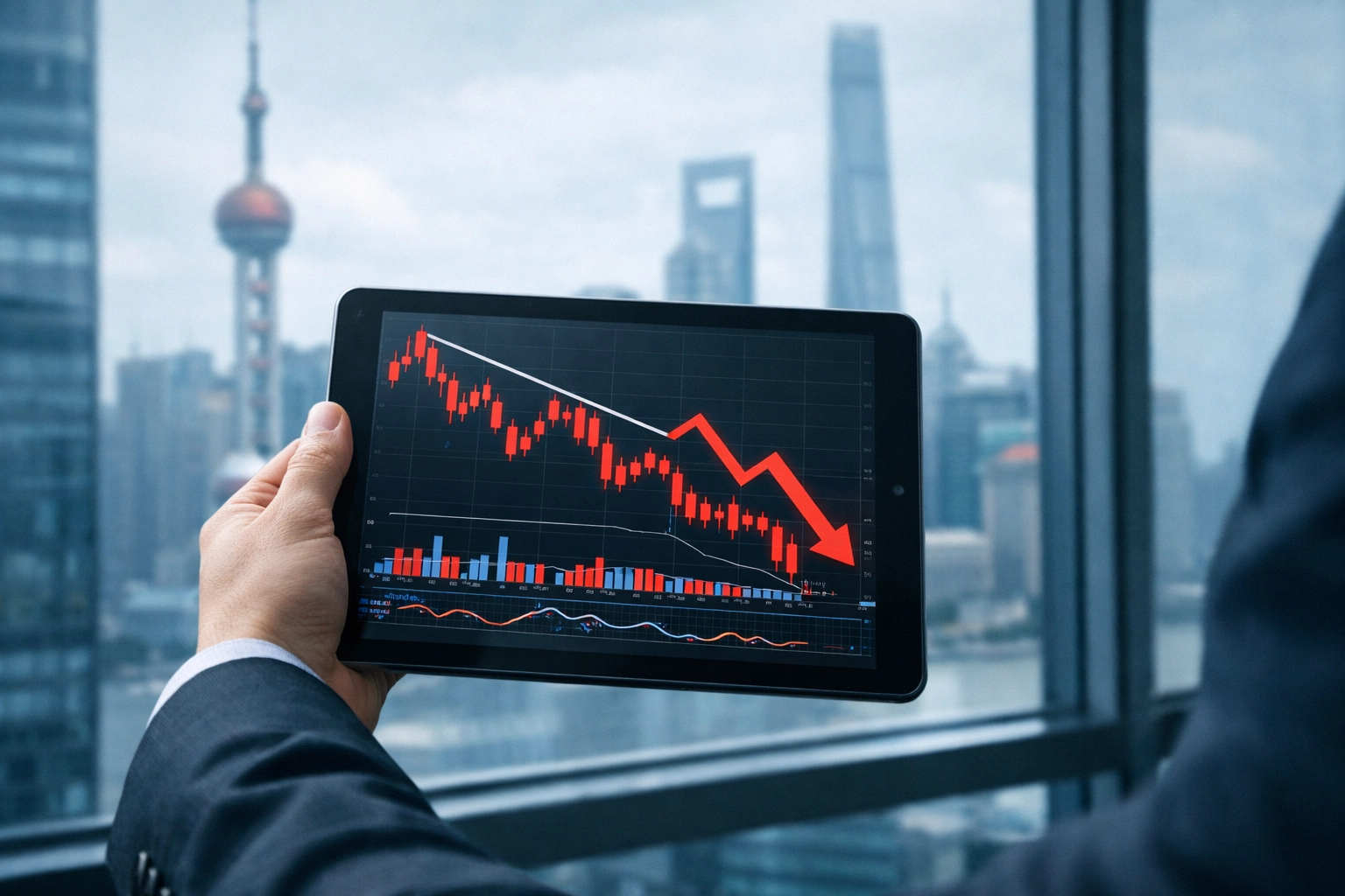 Declining stock charts on tablet with Chinese skyline showing market deflation risks