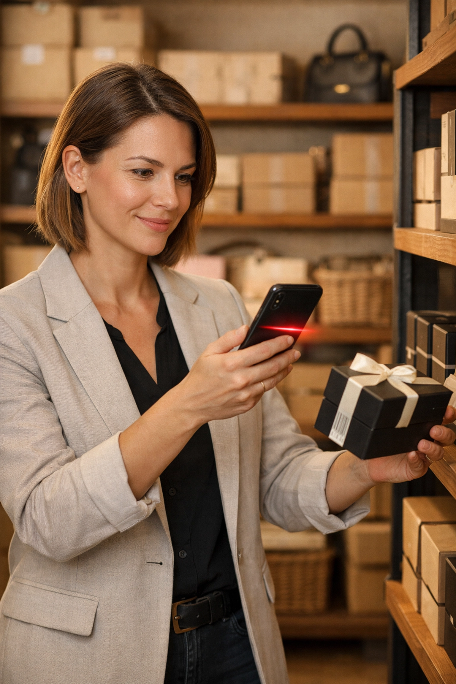 Business owner using the Odoo mobile app for real-time inventory tracking and warehouse management.