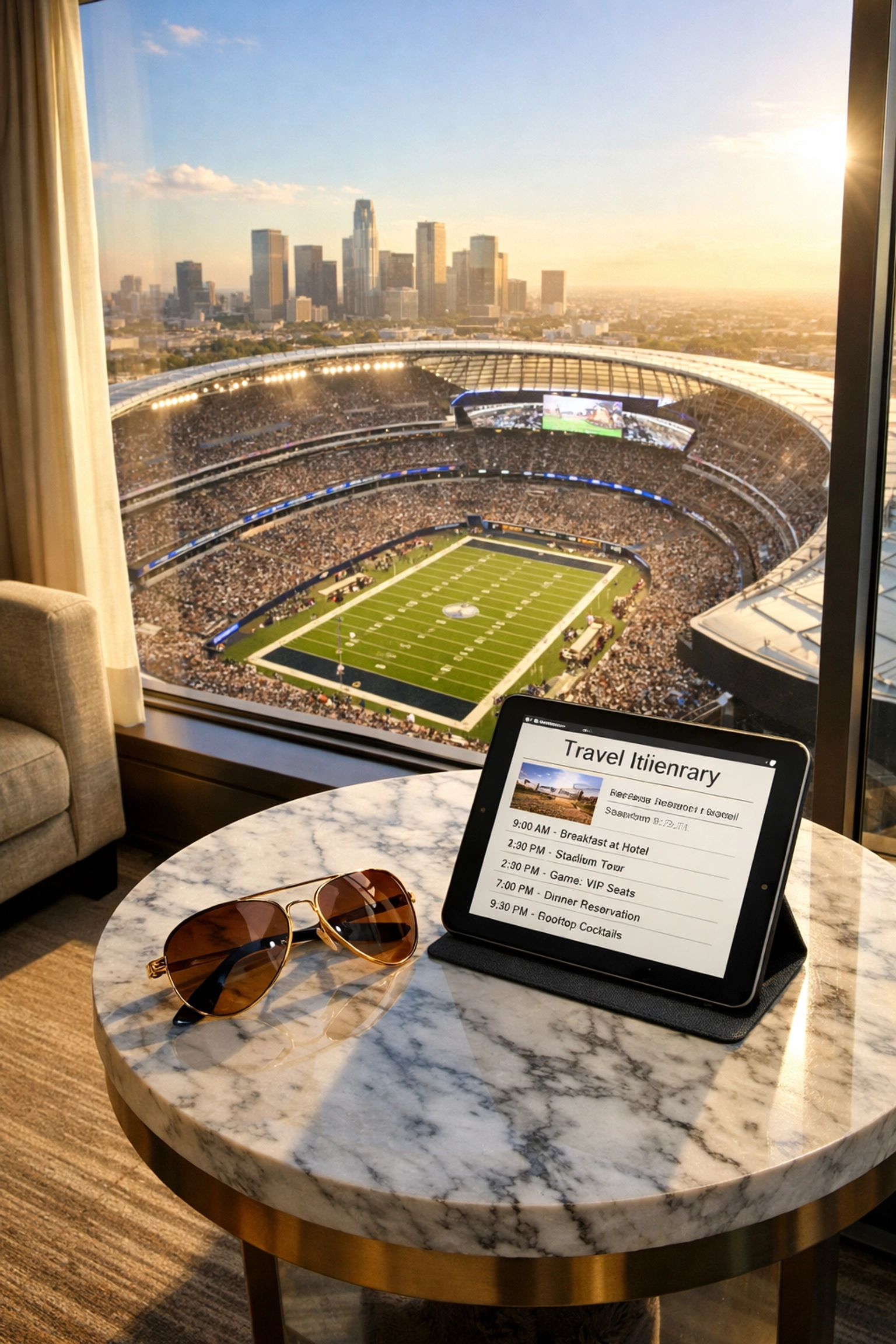 Luxury hotel suite overlooking a Super Bowl stadium with a corporate travel itinerary on a tablet.
