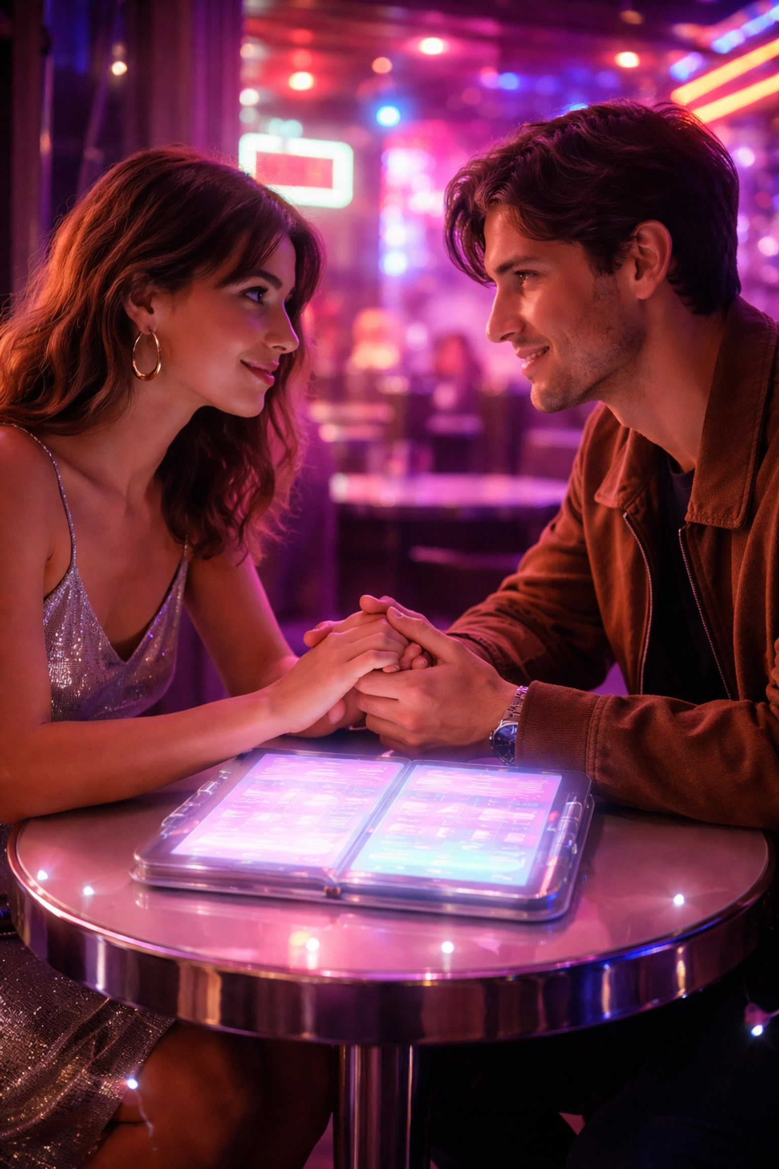 Couple holding hands across a neon-lit table with a glowing calendar, highlighting regular check-ins in open relationships.