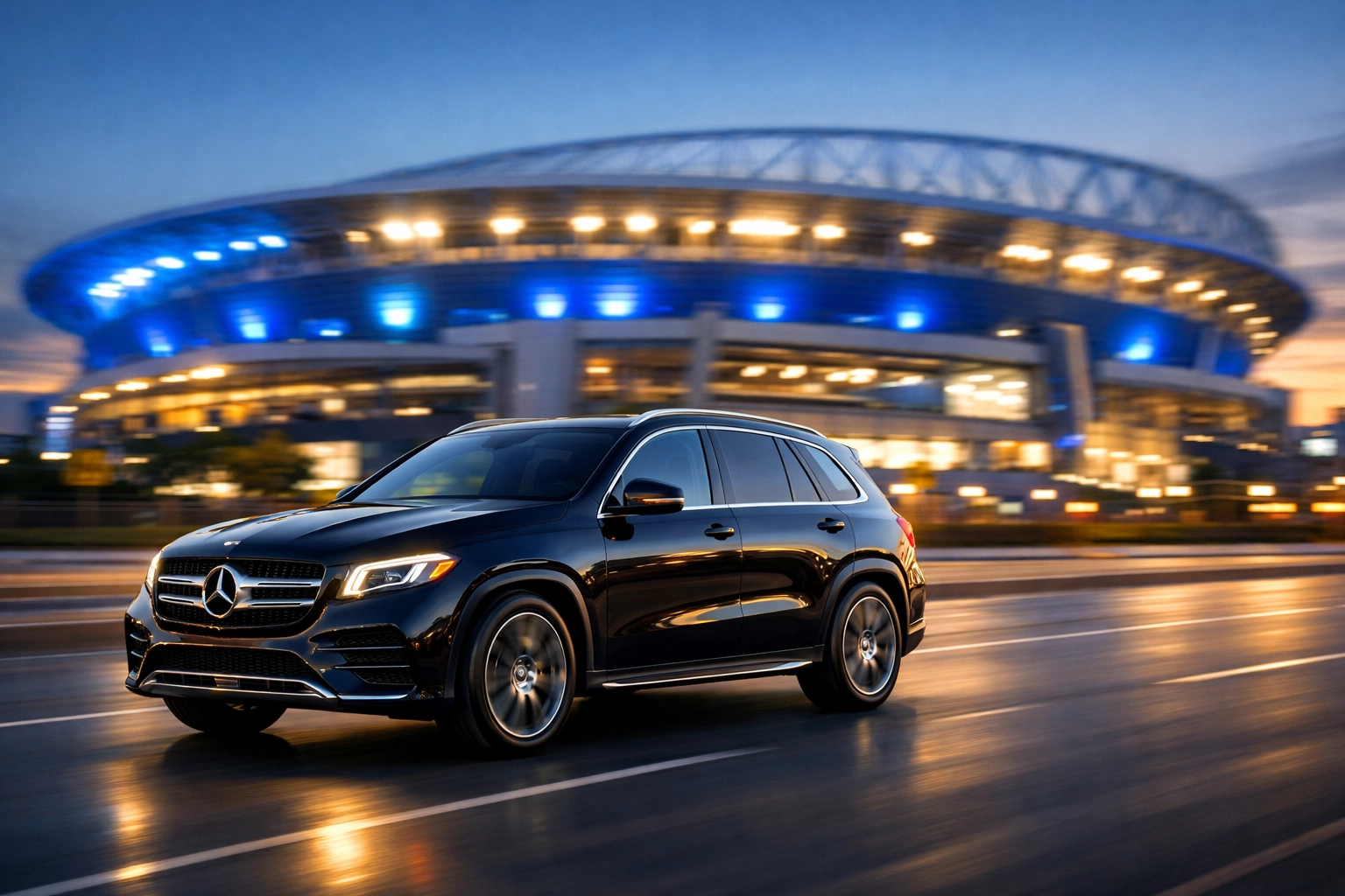 Luxury SUV providing secure executive transportation to a professional sports stadium at dusk.
