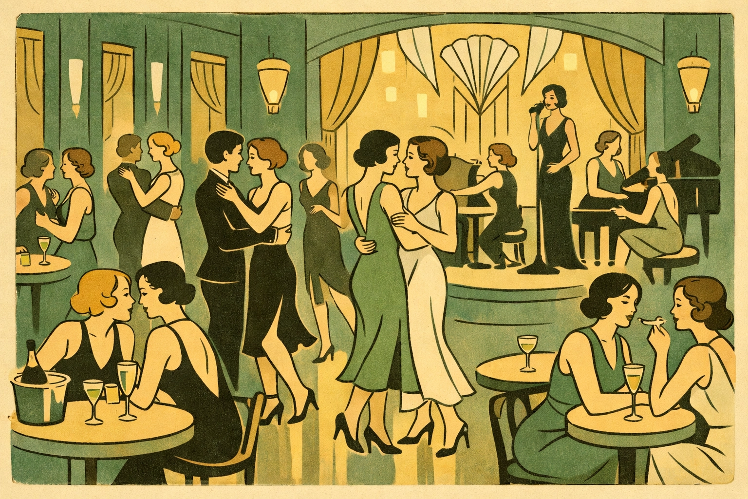 1930s Parisian lesbian nightclub scene with women dancing in elegant Art Deco setting