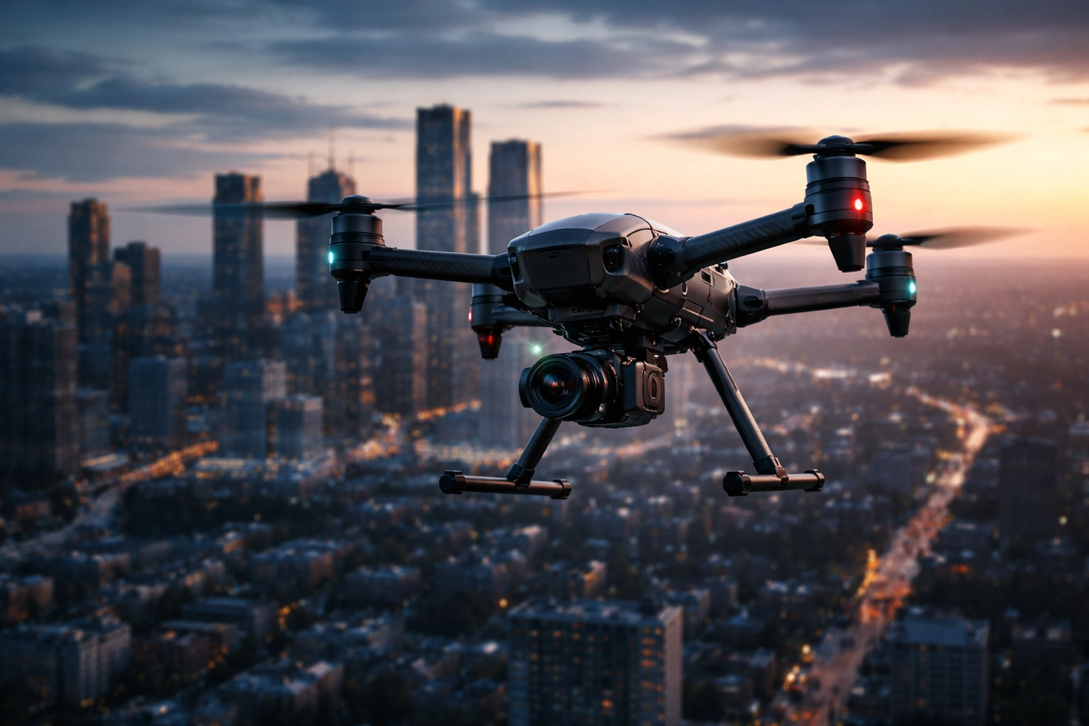 A professional drone flying over a Canadian city at sunset, symbolizing opportunity for drone pilots in 2026.