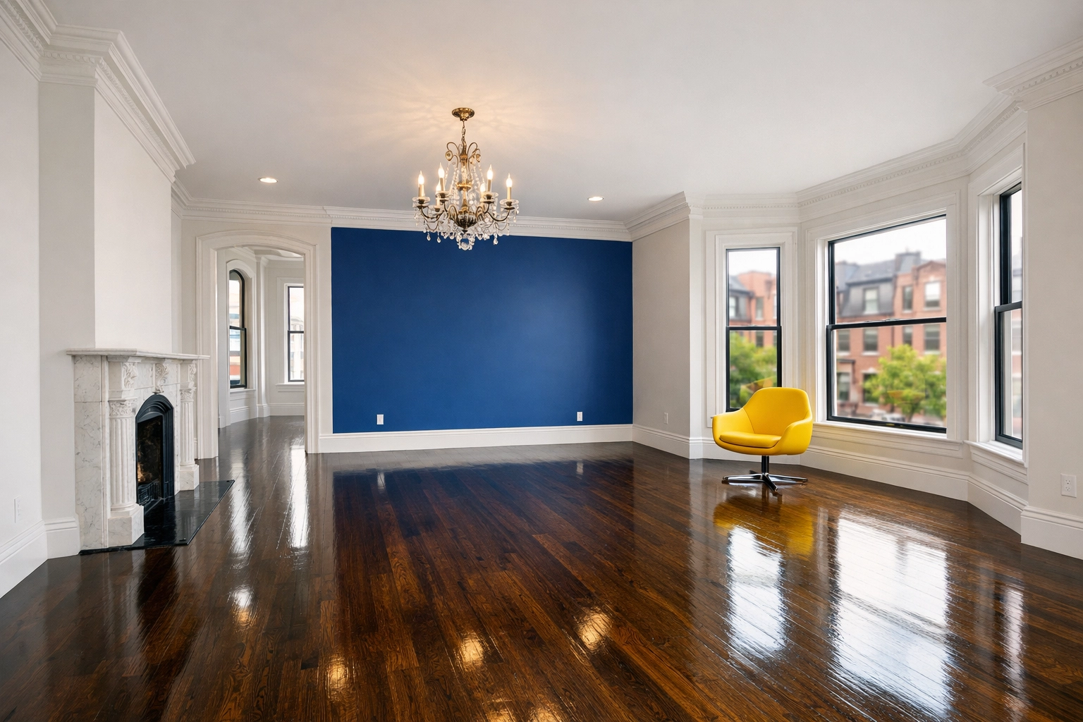 A perfectly clean Boston apartment living room with polished floors after a move-out cleaning service.