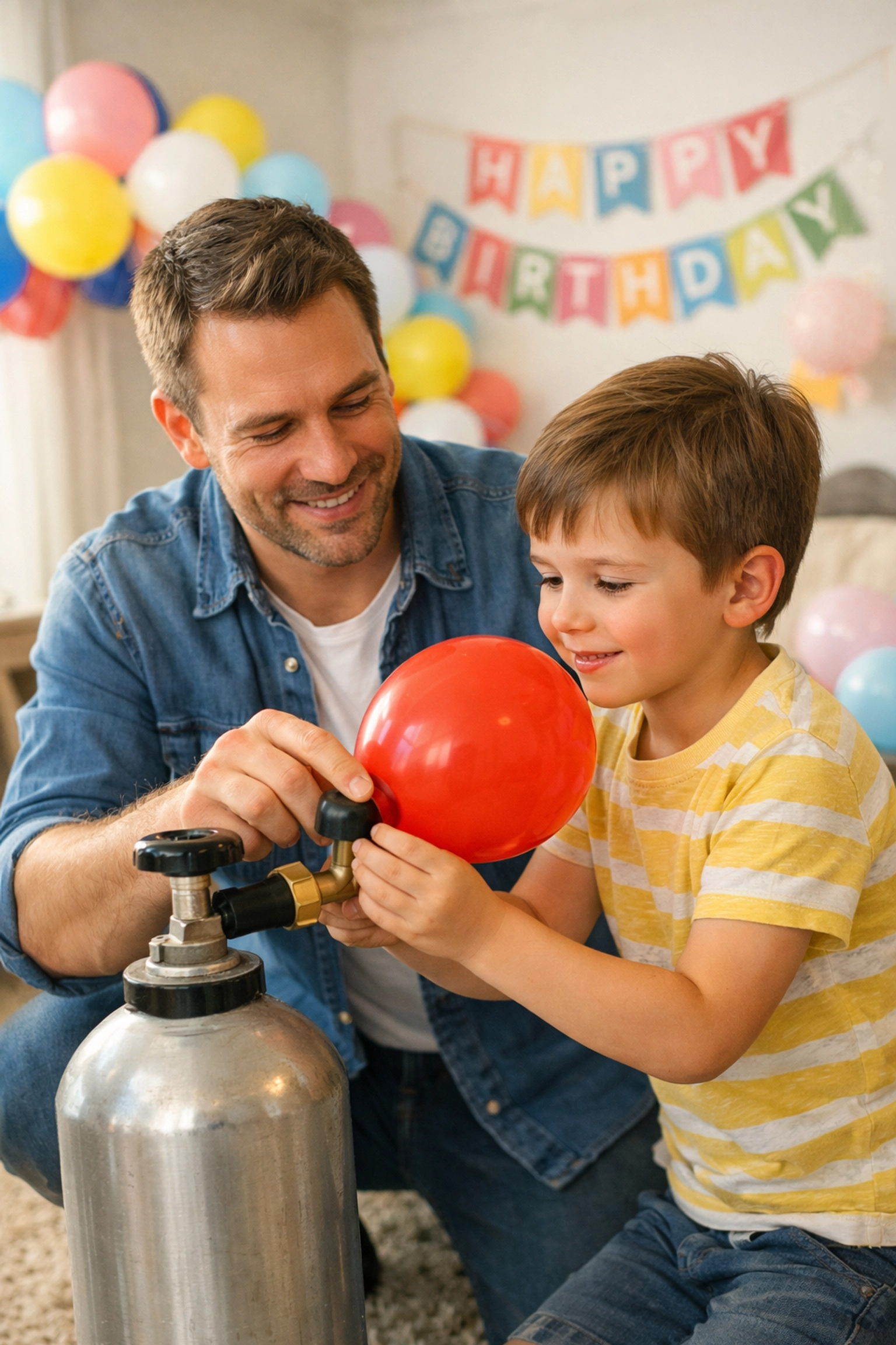 A father showing his son how to use a helium tank to inflate balloons for a birthday party.