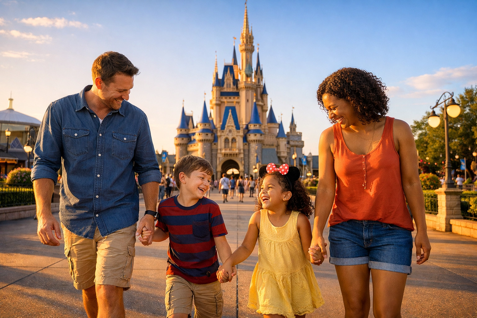 A family walking toward a theme park castle at sunset, enjoying a planned Disney vacation without phones.