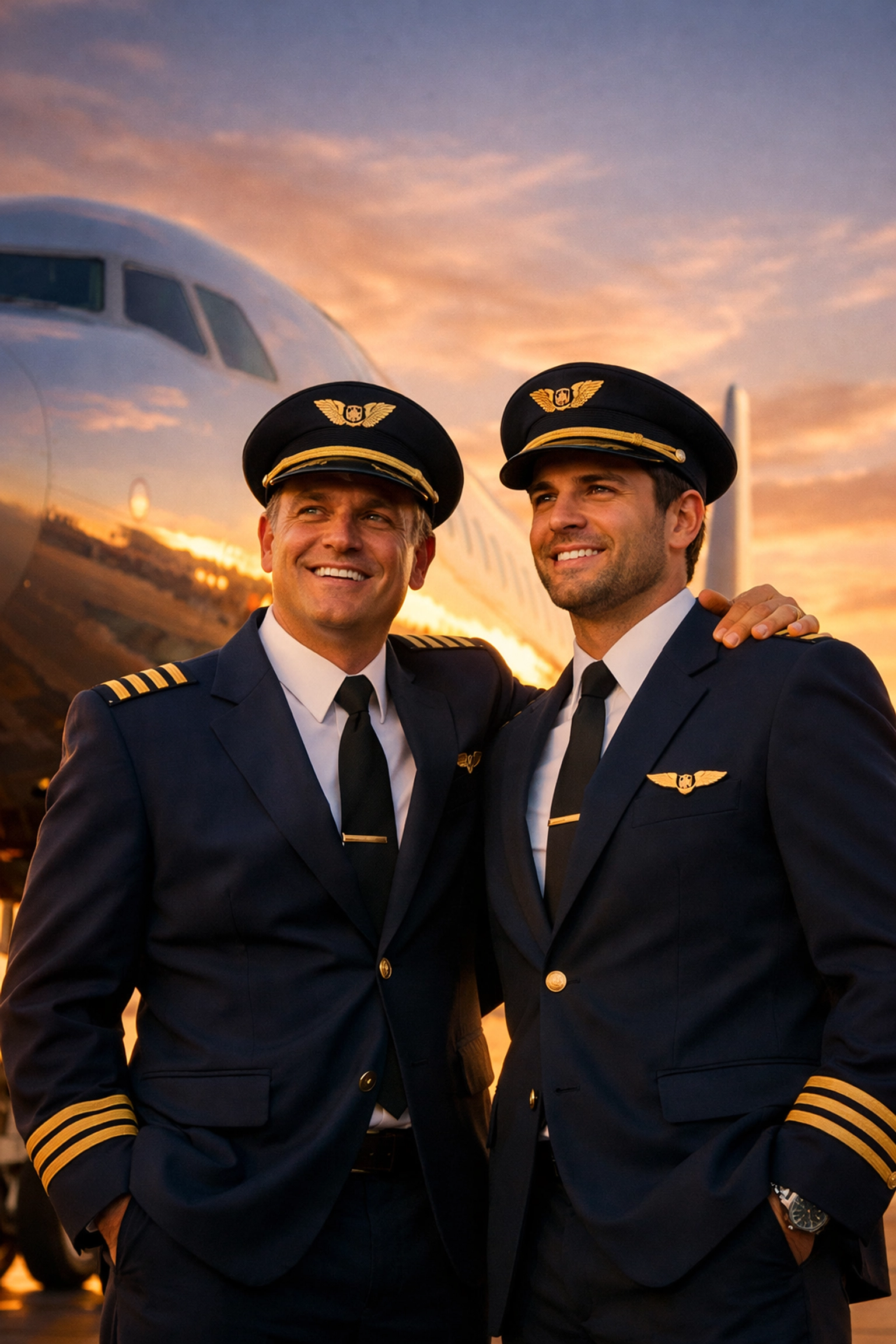 Two gay pilots in uniform standing together in front of commercial aircraft at sunset