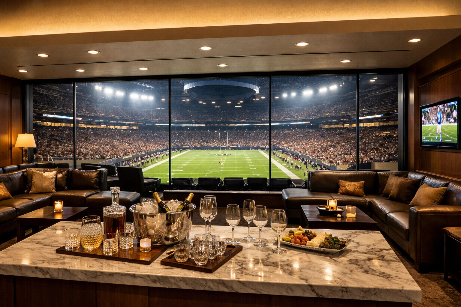 Luxurious Super Bowl stadium suite with leather seating overlooking the football field.