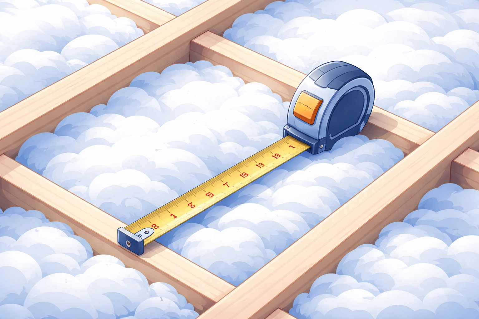 Tape measure on loft insulation showing recommended 270mm thickness, illustrating UK loft insulation standards for 2026.