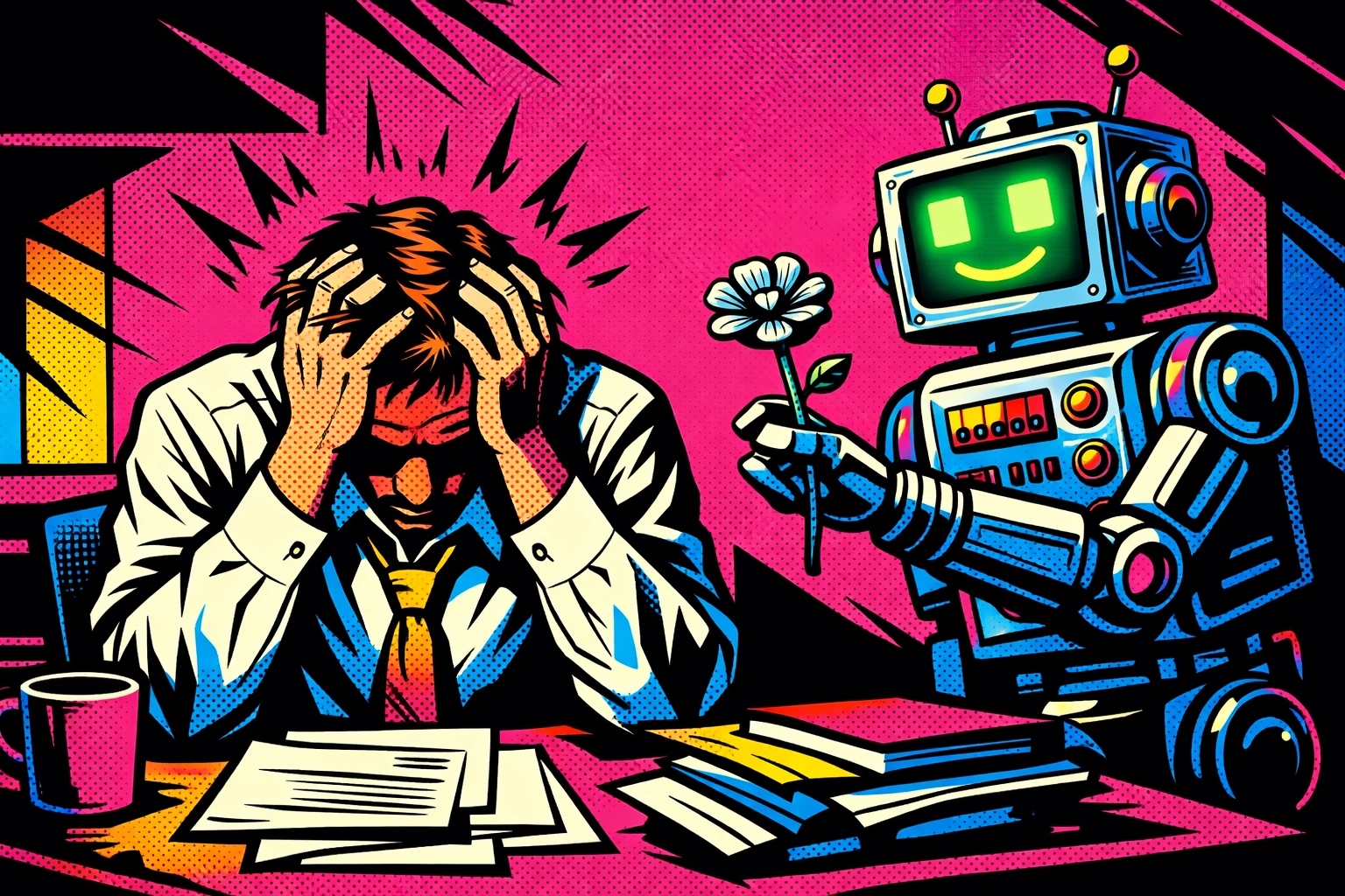 A stressed business owner next to a robot, demonstrating why customer-facing AI automation needs human empathy.