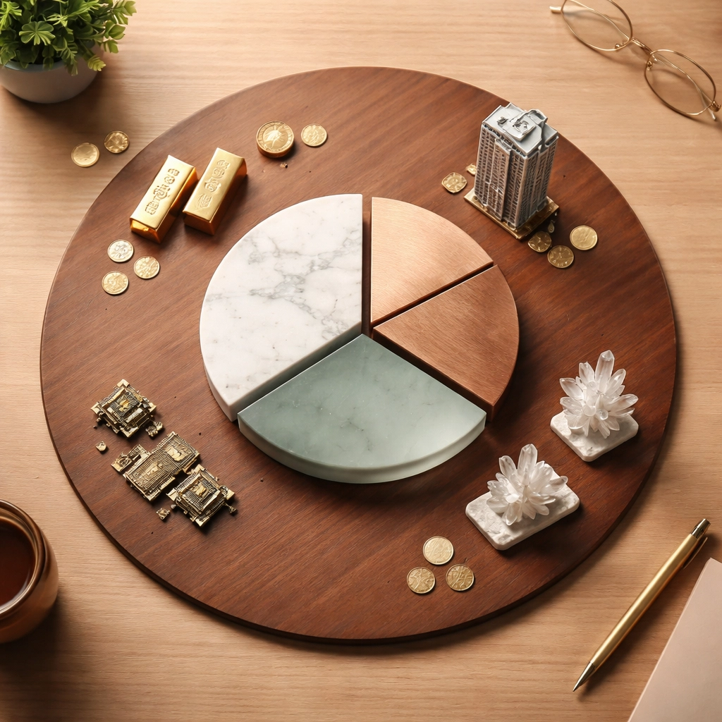 Overhead view of a table with a pie chart and objects representing stocks, real estate, and alternative assets for portfolio diversification.