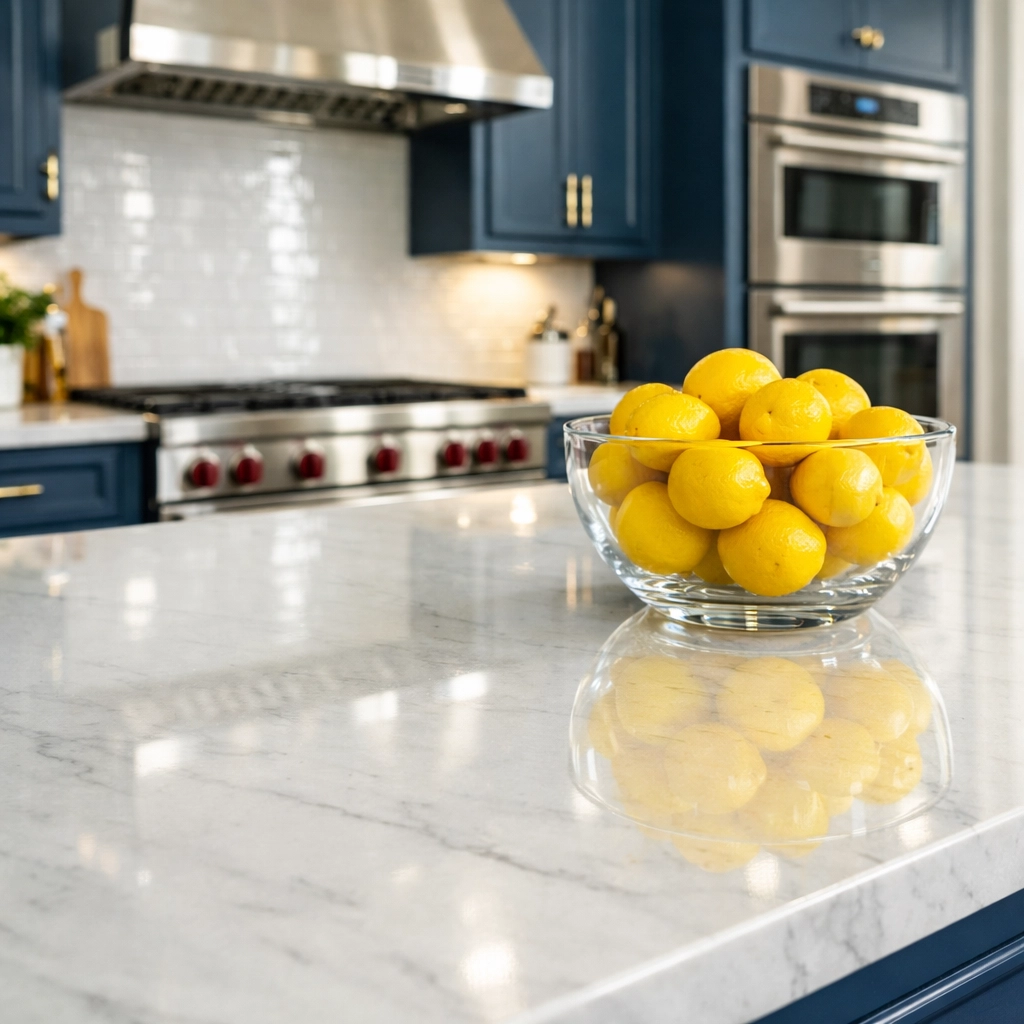 Sparkling clean luxury kitchen with a polished marble island from a deep house cleaning Shirley MA service.