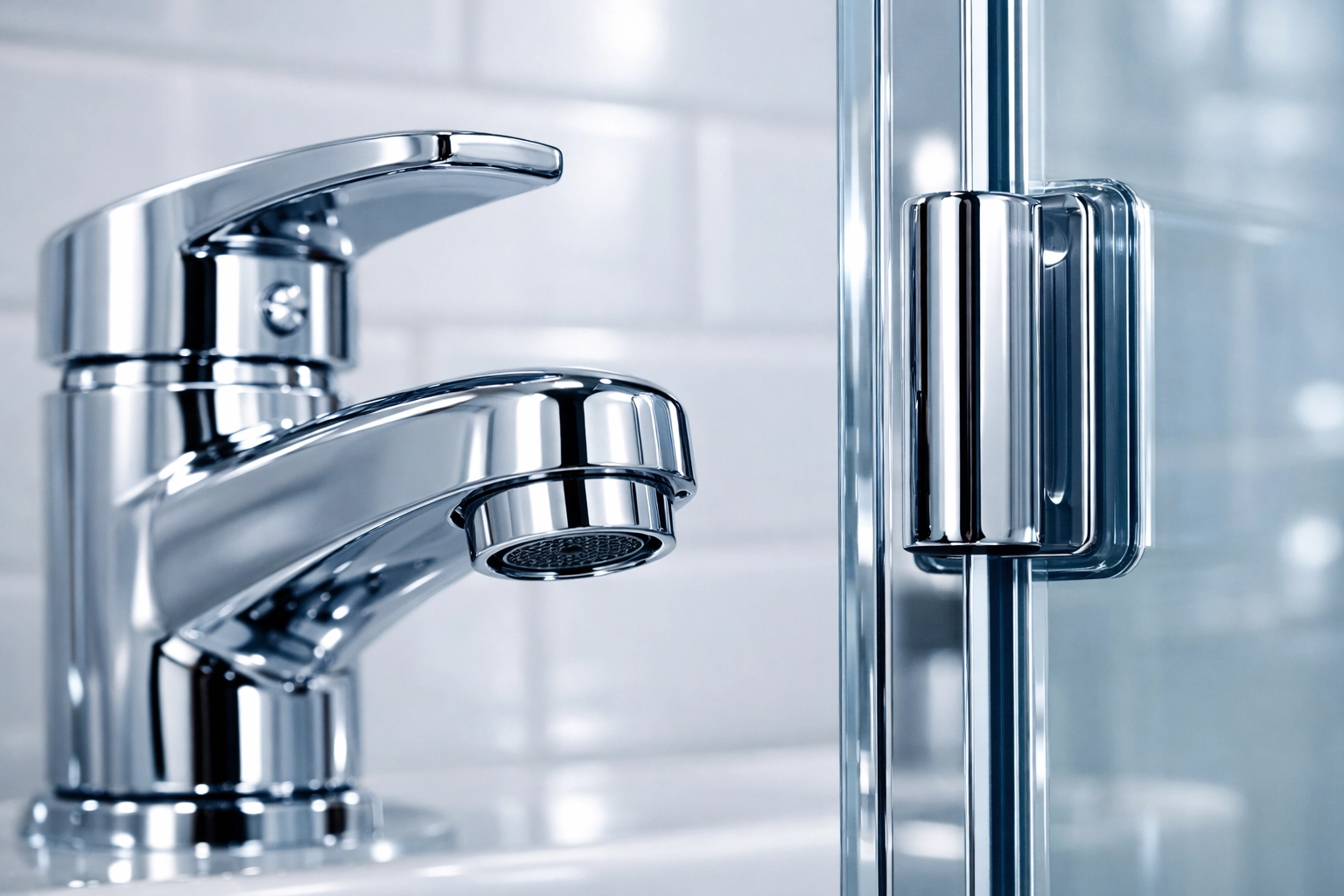 Sparkling clean chrome faucet and glass shower door demonstrating hard water removal in a Detroit apartment.