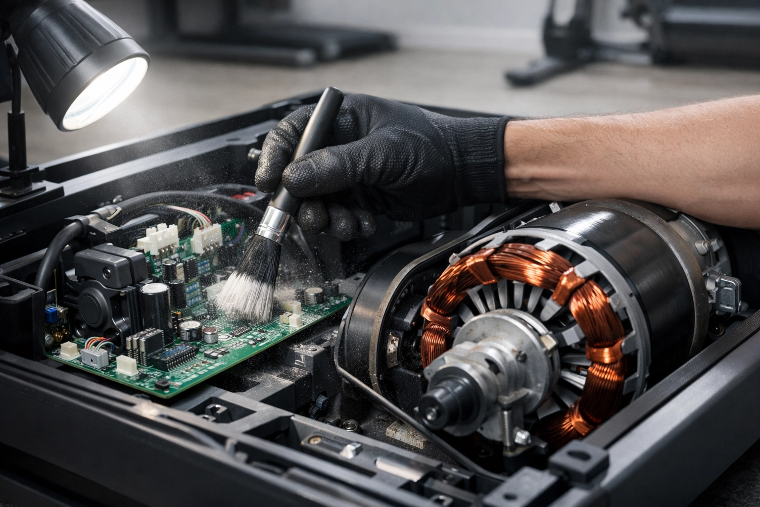 Detailed maintenance of a treadmill motor and electronics to prevent overheating and equipment failure.