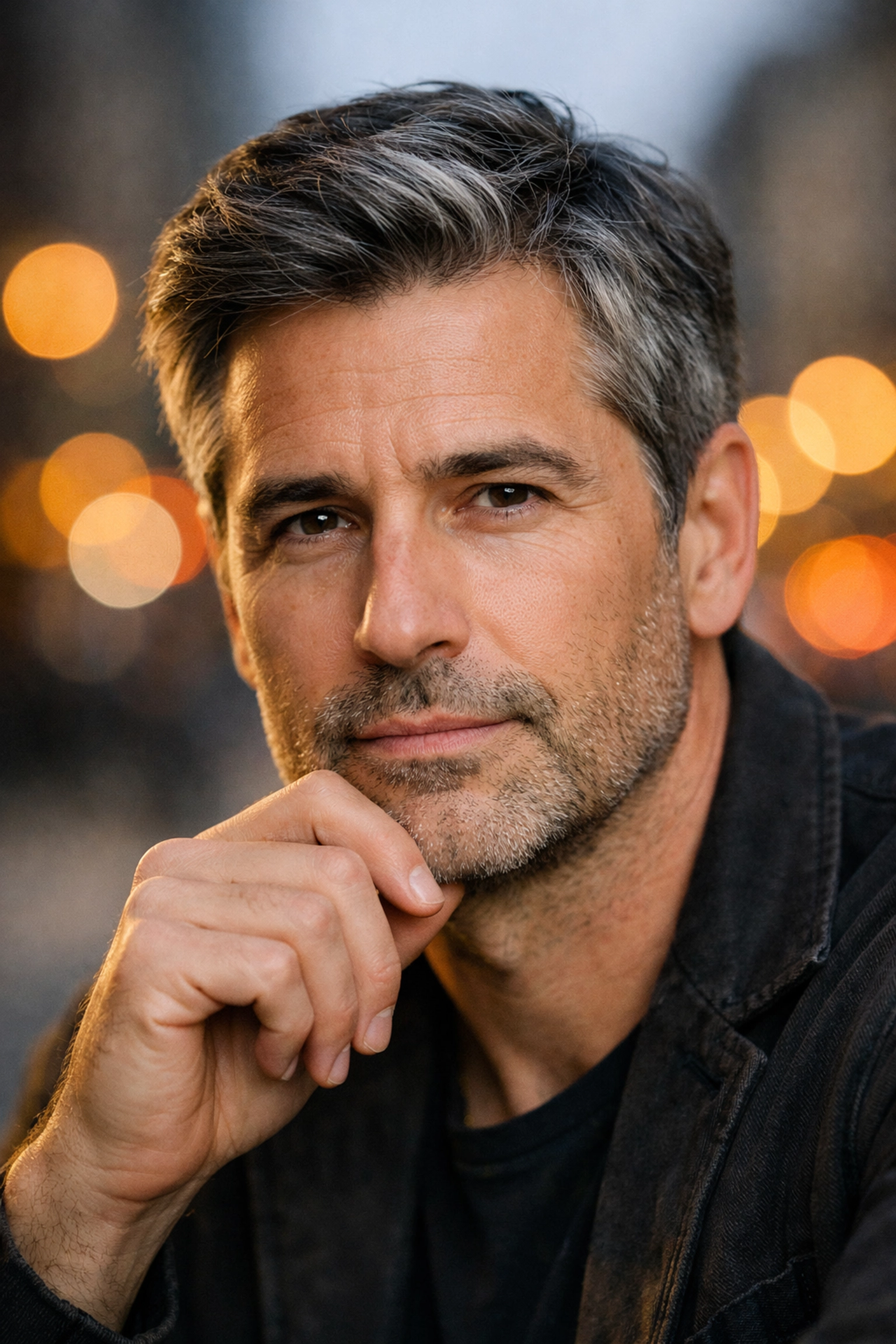 A man photographed with an 85mm lens to show flattering portrait photography techniques and blurred bokeh.