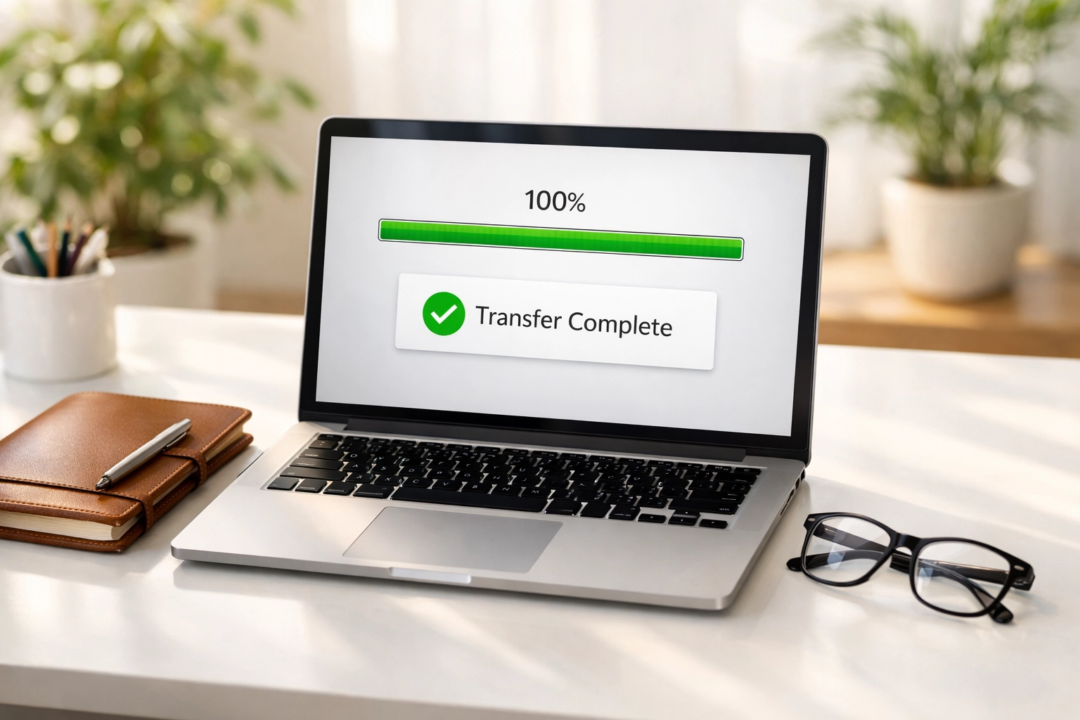 Laptop on a desk showing a completed 401(k) rollover transfer for retirement planning in Wesley Chapel FL.