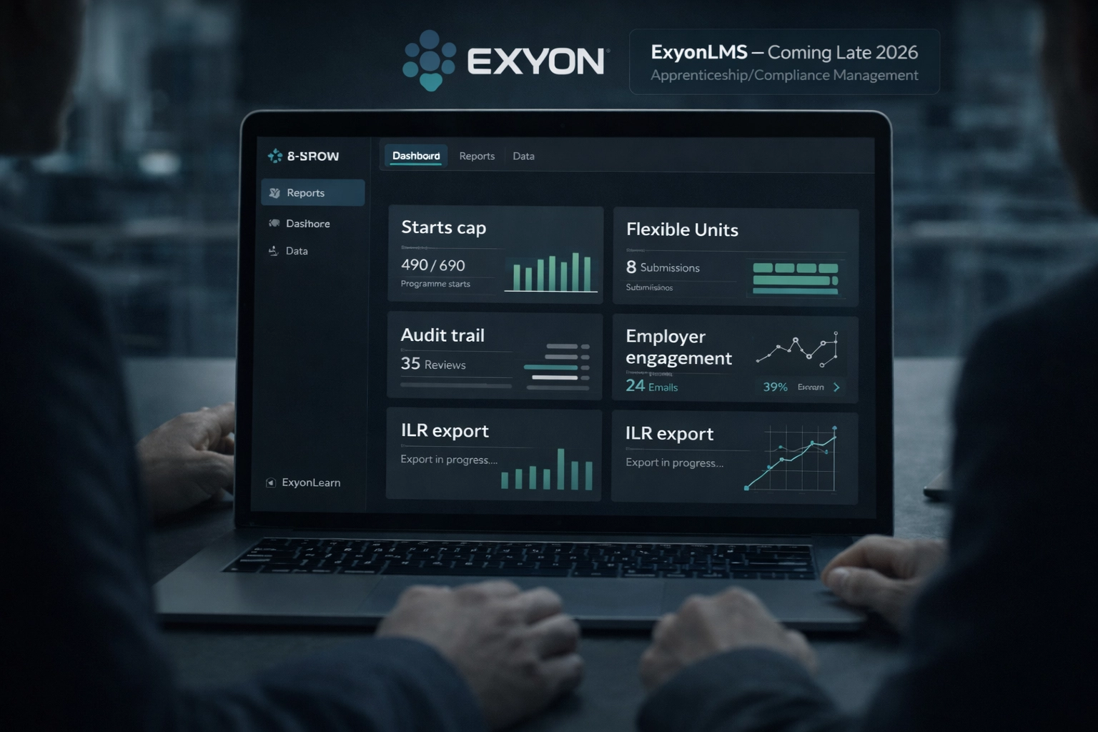 An Exyon reporting dashboard helping UK training providers manage apprenticeship compliance, caps, and flexible unit delivery visibility.