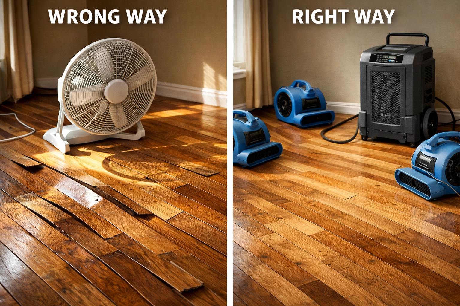 Improper versus proper water damage drying techniques showing warped floors and professional equipment