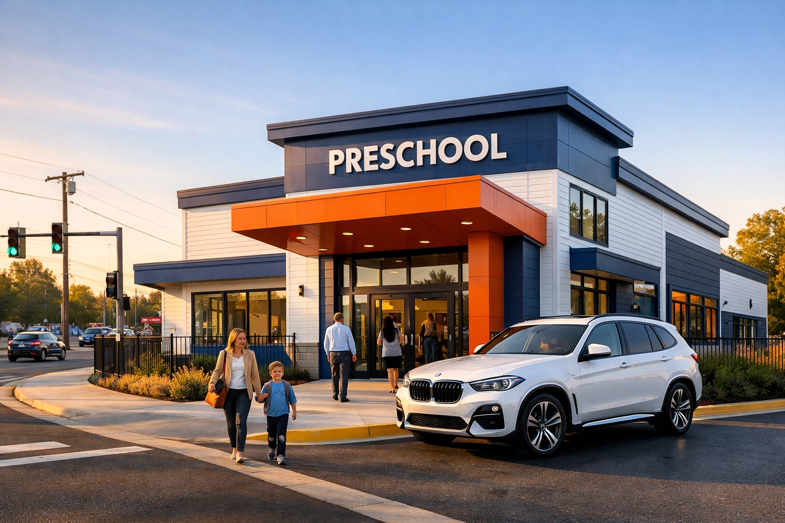 Modern preschool building showing high curb appeal for an optimized childcare center appraisal.