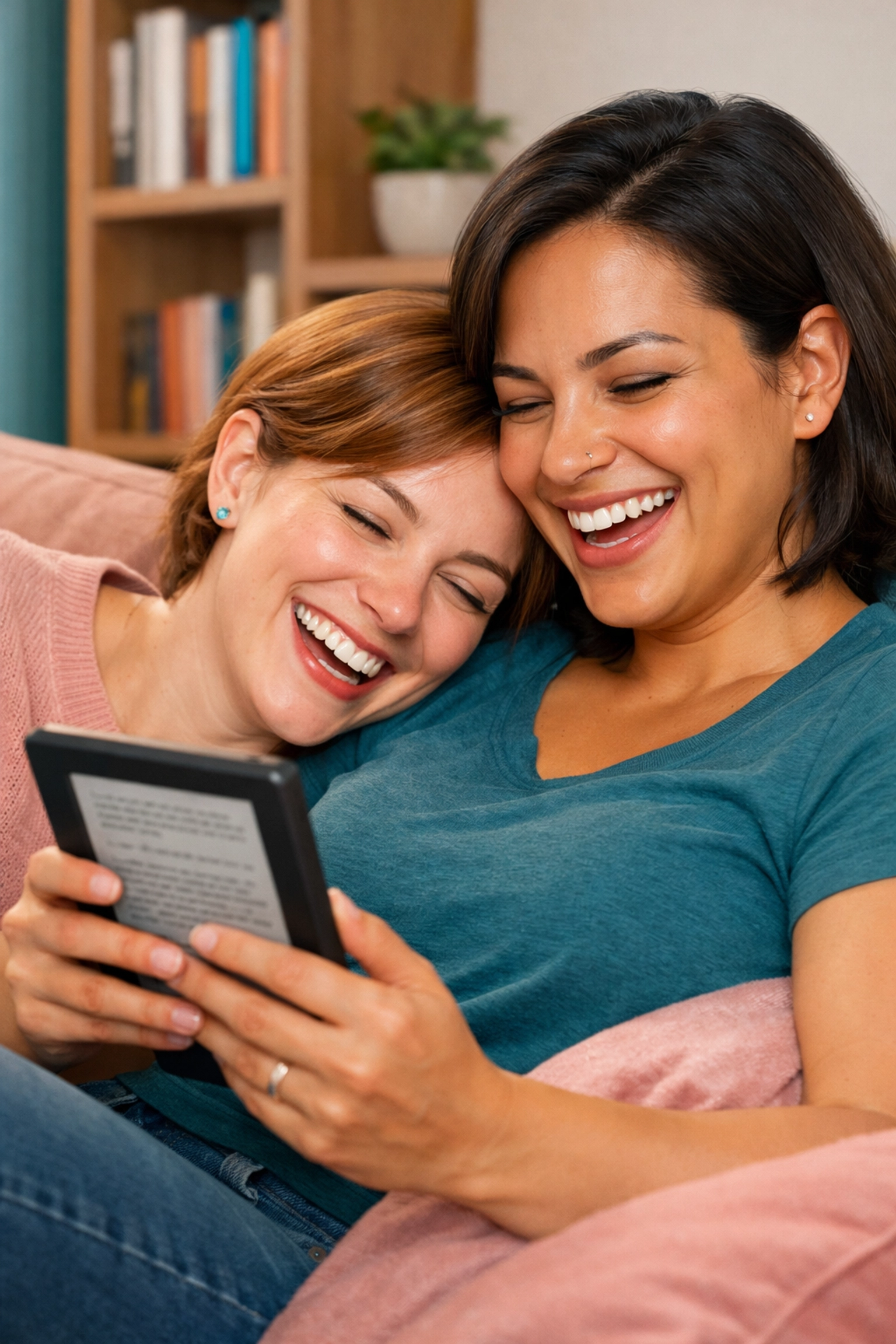 A joyful lesbian couple reading an LGBTQ+ romance book together, finding happiness in representation.