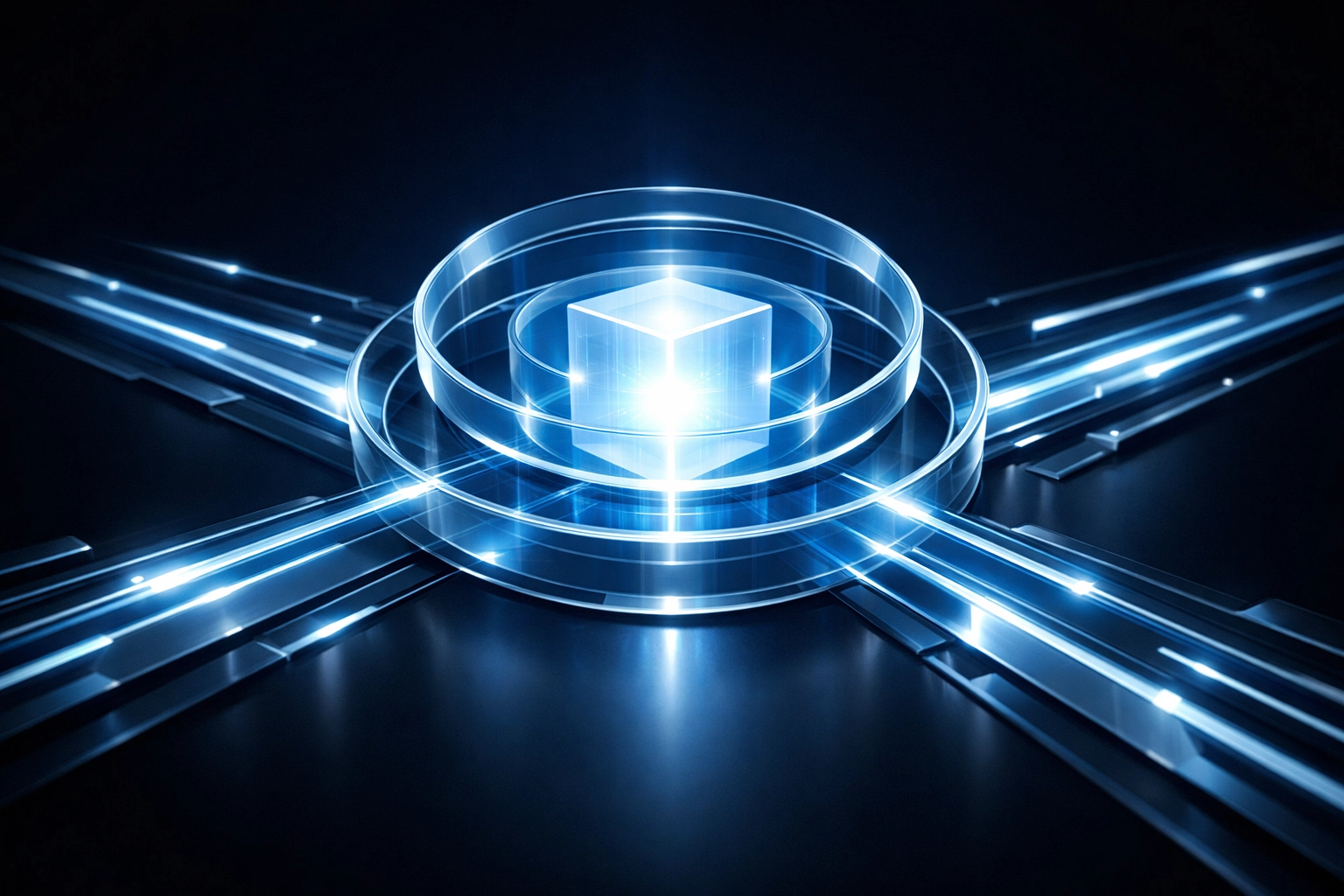 Secure data architecture showing a glowing core with organized file transfers and digital protection rings.