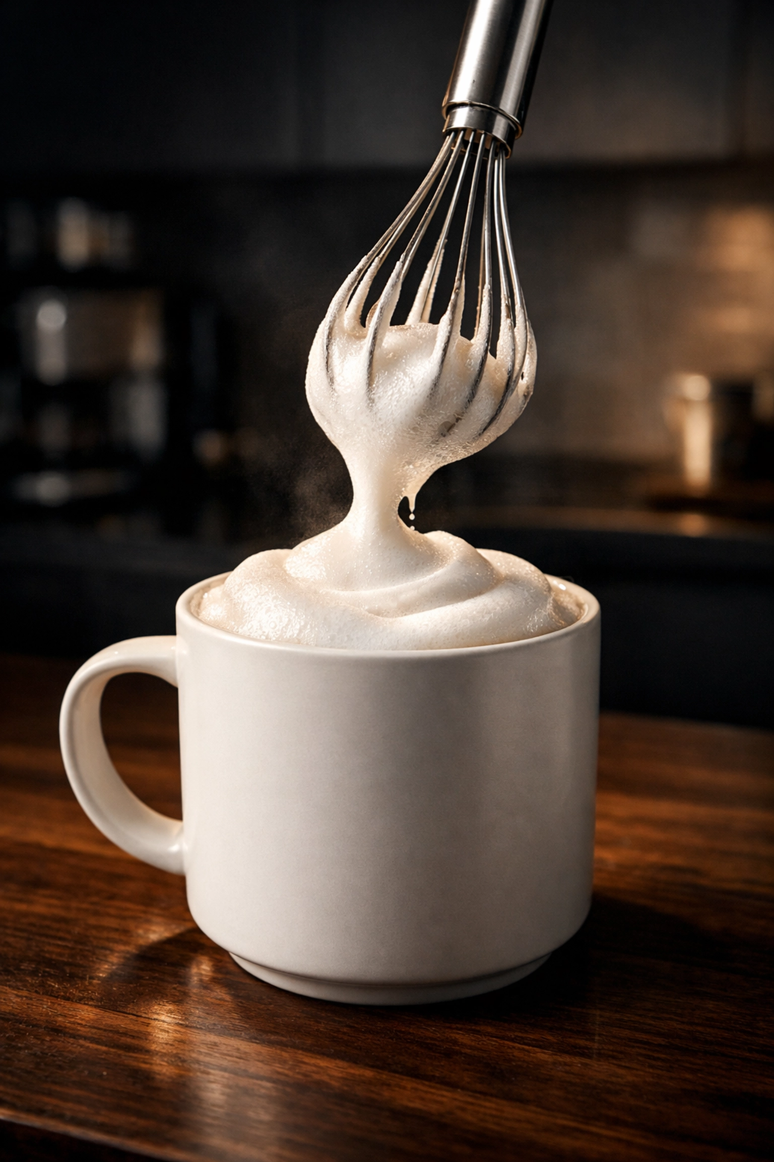 Thick, glossy frothed milk microfoam in a mug, perfect for making a café-quality latte at home.