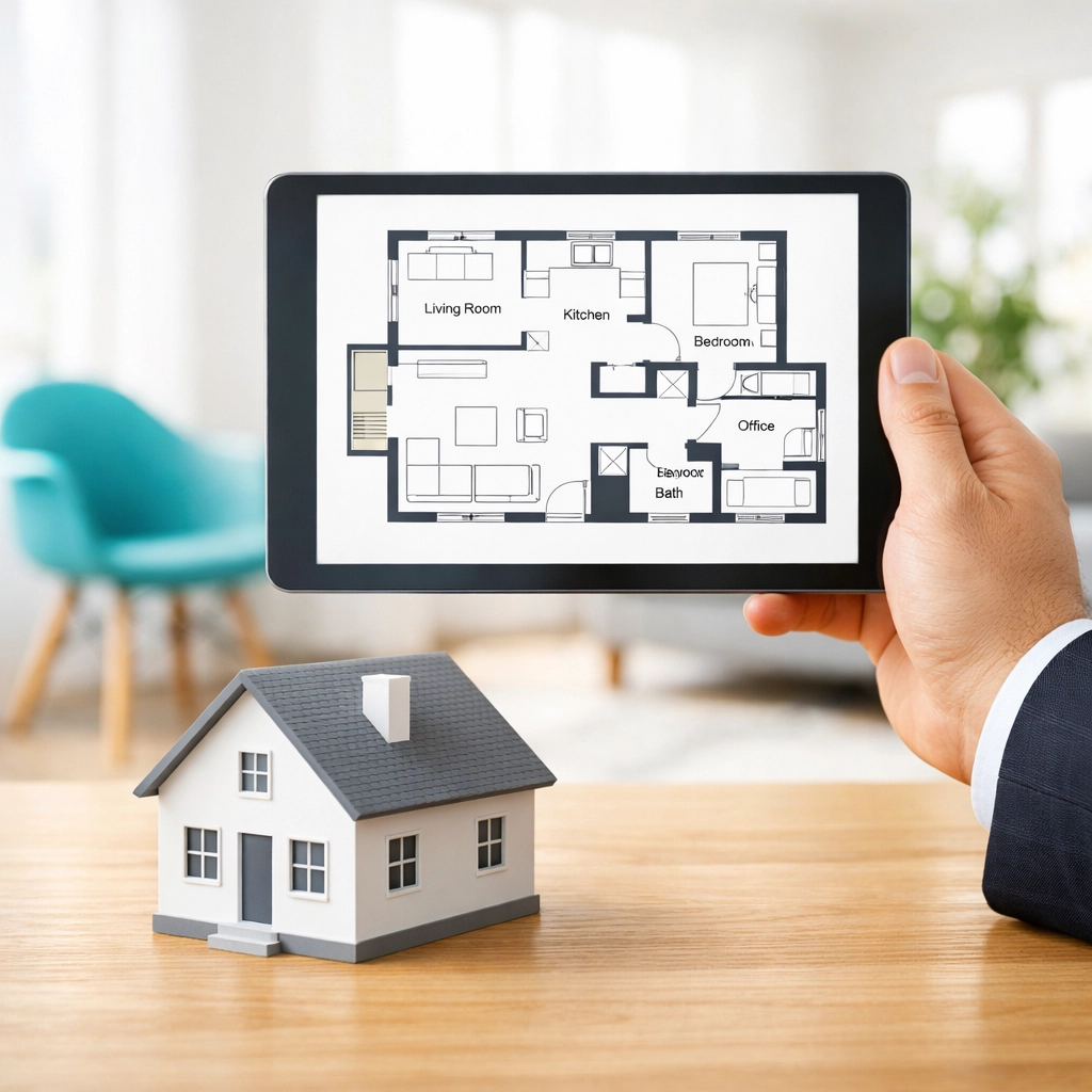Professional appraiser reviewing a home valuation and floor plan for an Alberta mortgage approval.