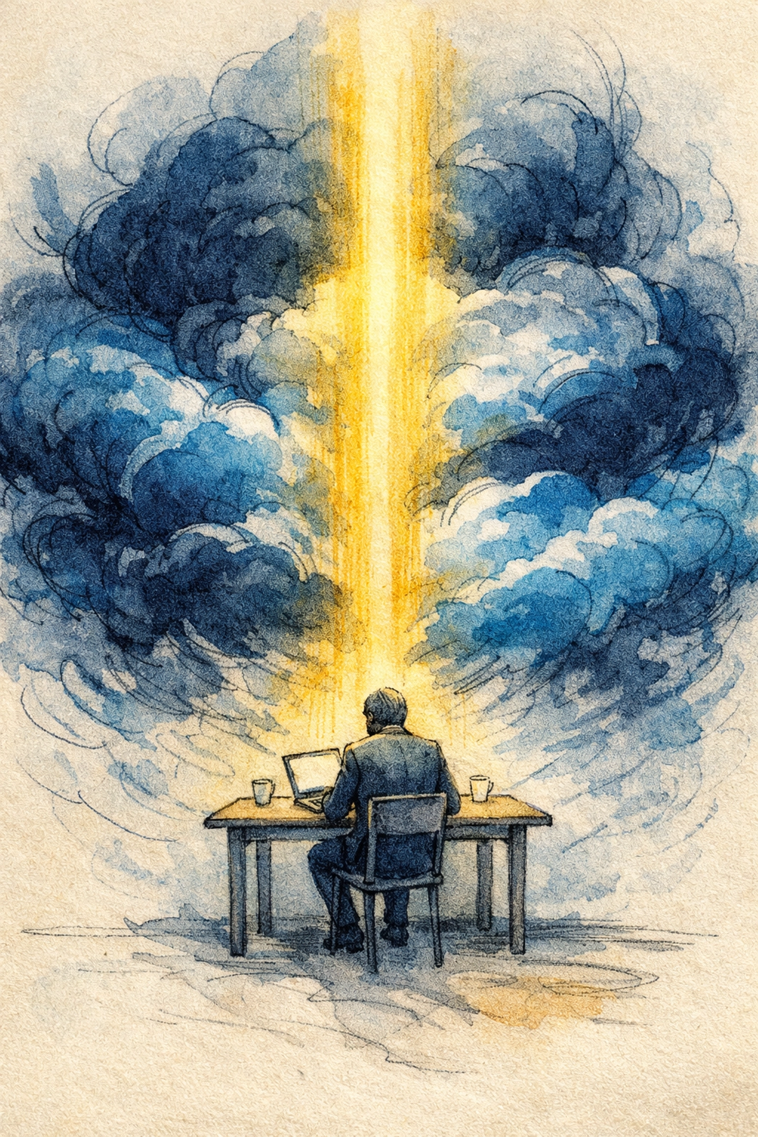 Professional sitting at a desk clearing digital fog with divine light by Dr. Layne McDonald - www.laynemcdonald.com