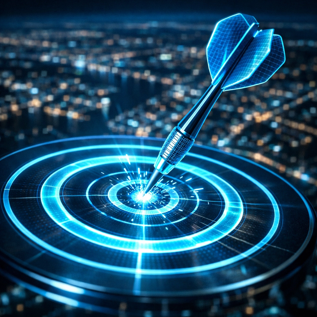 A glowing dart hitting a bullseye over a city map, illustrating precision PPC targeting for law firms.