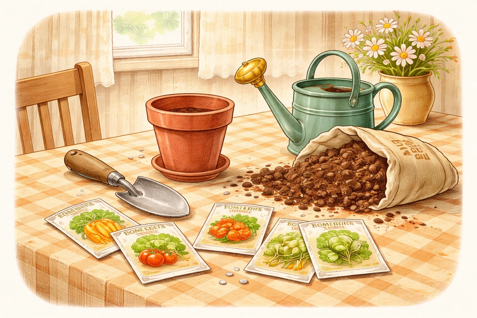 A cozy kitchen table displays gardening supplies and seed packets, perfect for starting a child's salad garden.