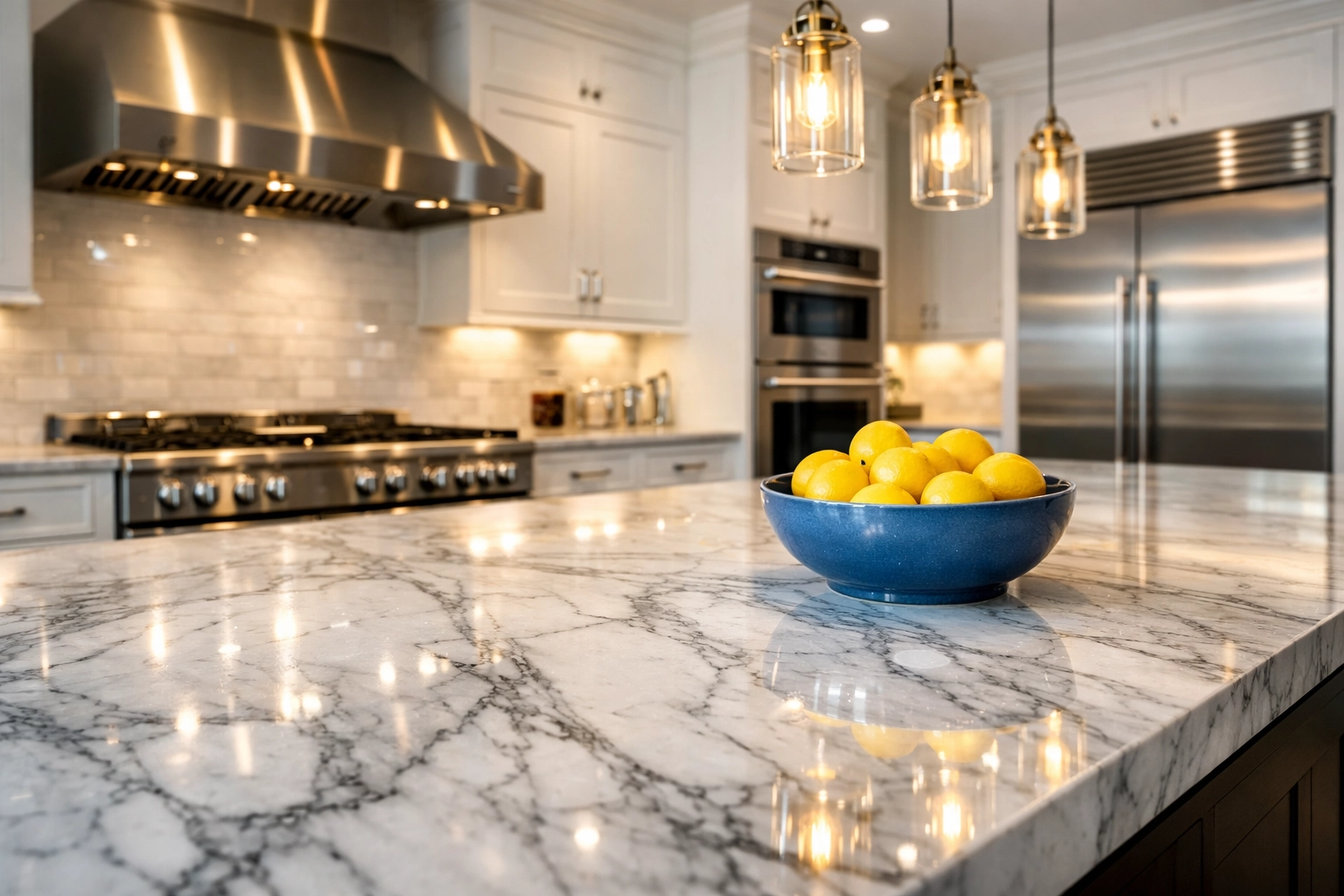 Spotless gourmet kitchen marble island after a professional luxury house cleaning in Lexington.