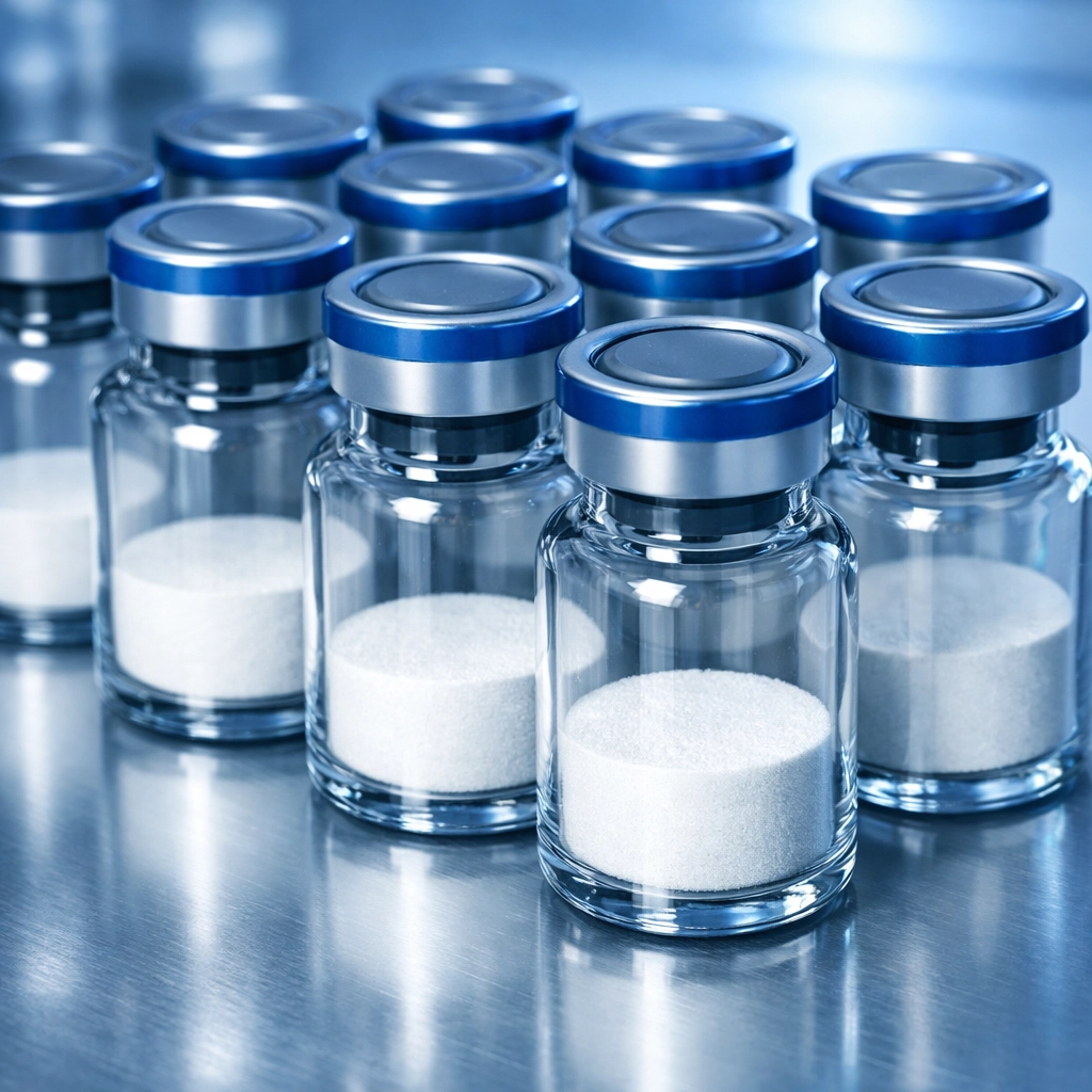 Lyophilized peptide vials showing stable white powder for extended clinical shelf life.