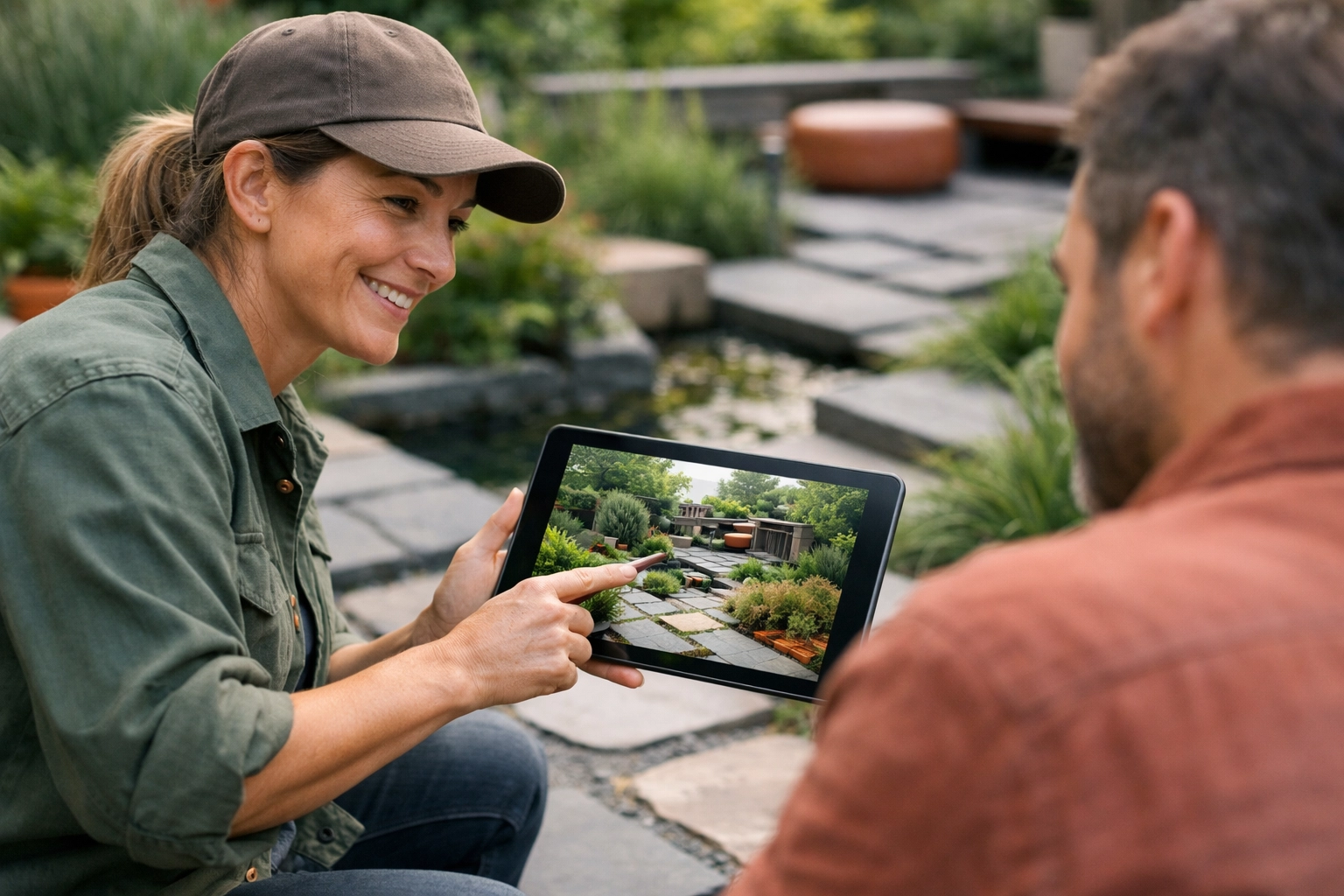 Small business owner using a tablet to showcase local web design services to a new client.