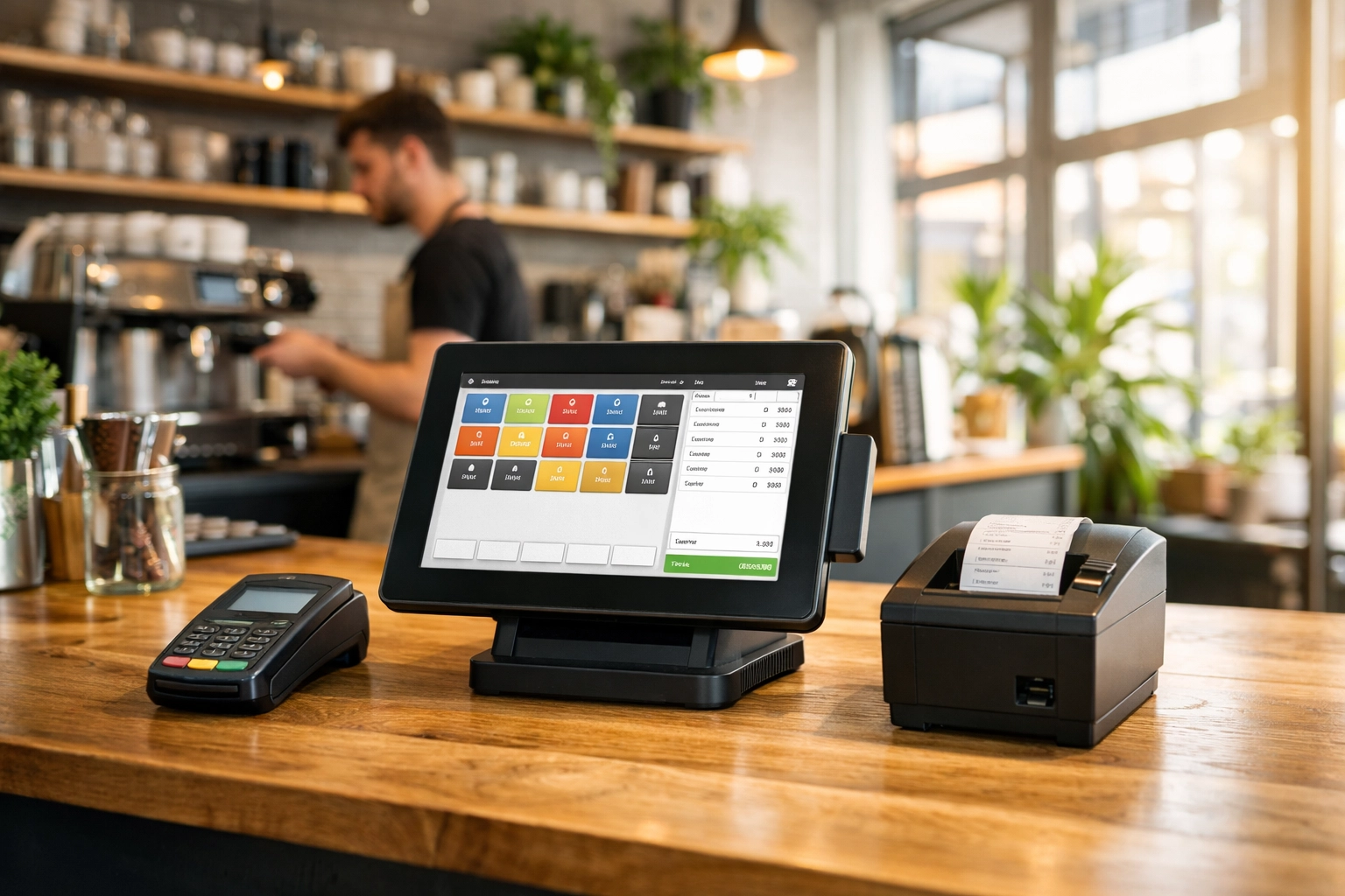 Modern touchscreen POS terminal in UK café with card reader and receipt printer on counter
