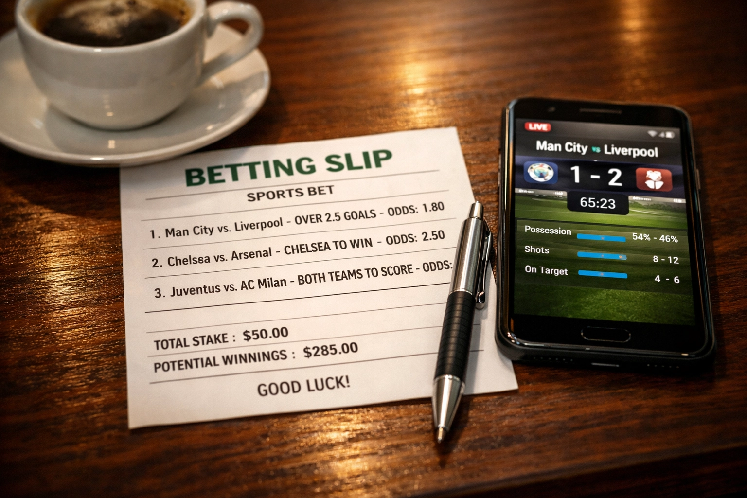 Wettschein und Smartphone mit Live-Statistiken für Bundesliga-Sportwetten