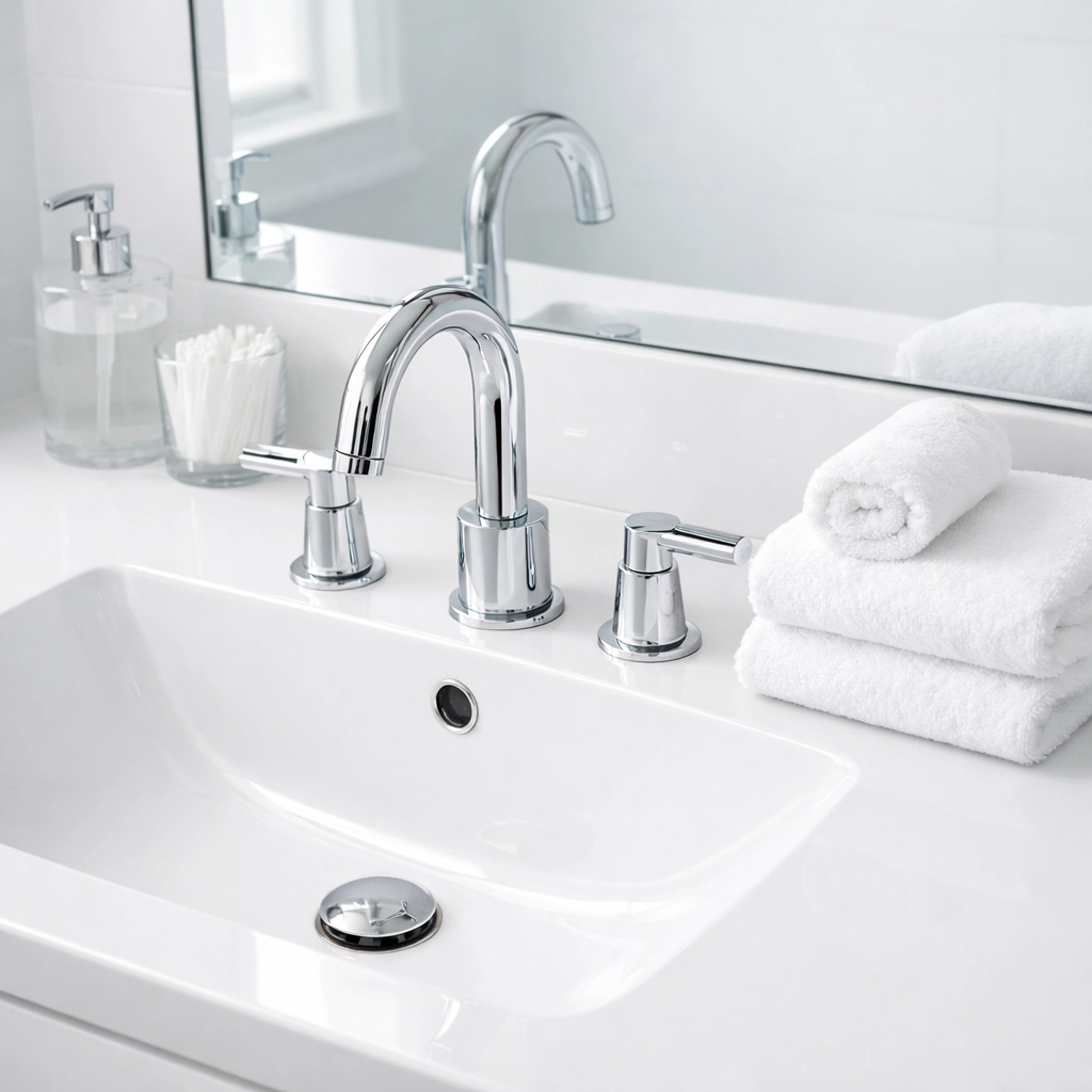 Sparkling clean bathroom sink and fixtures after turnover cleaning service