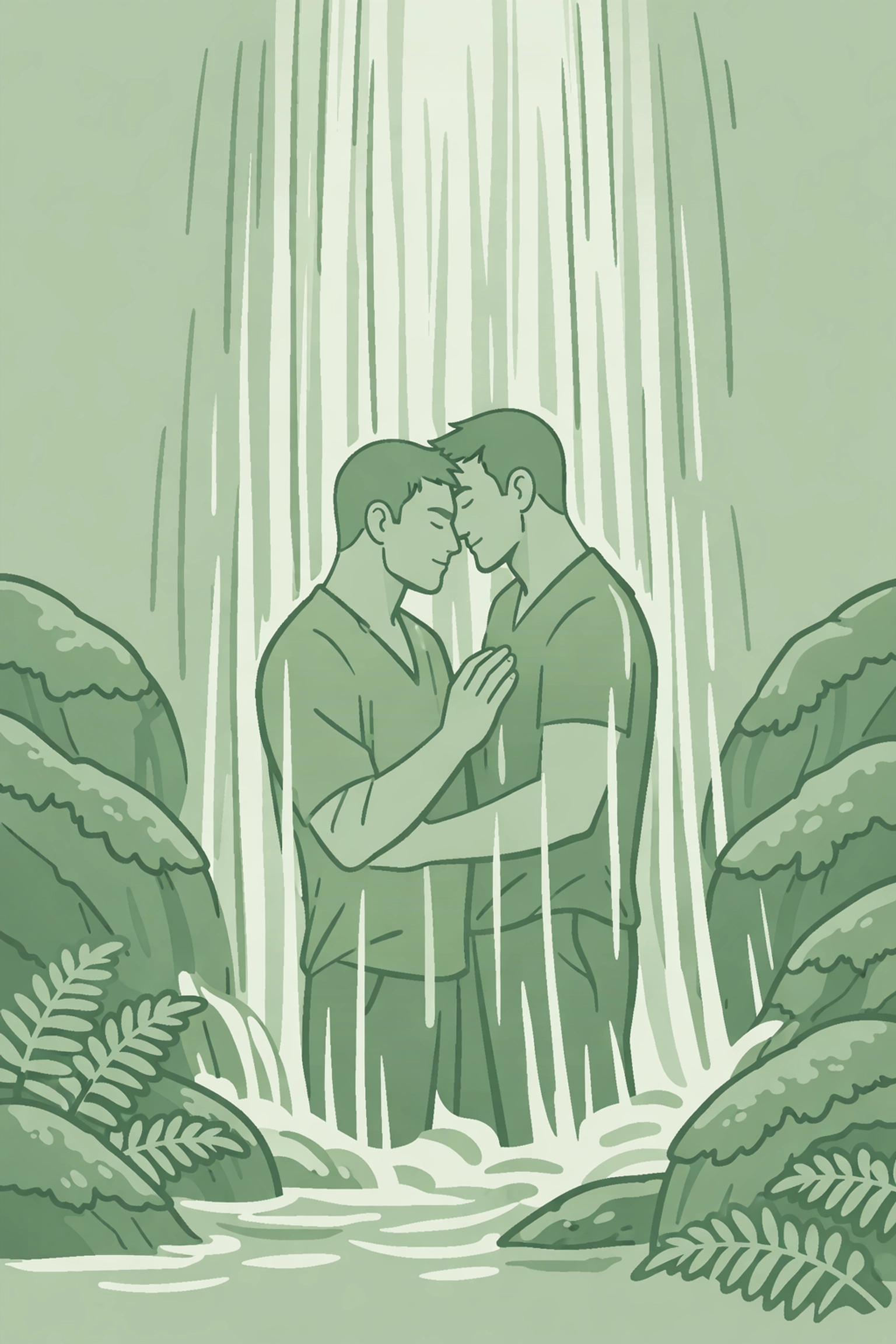 MM couple under waterfall in intimate embrace - outdoor nature sex and connection