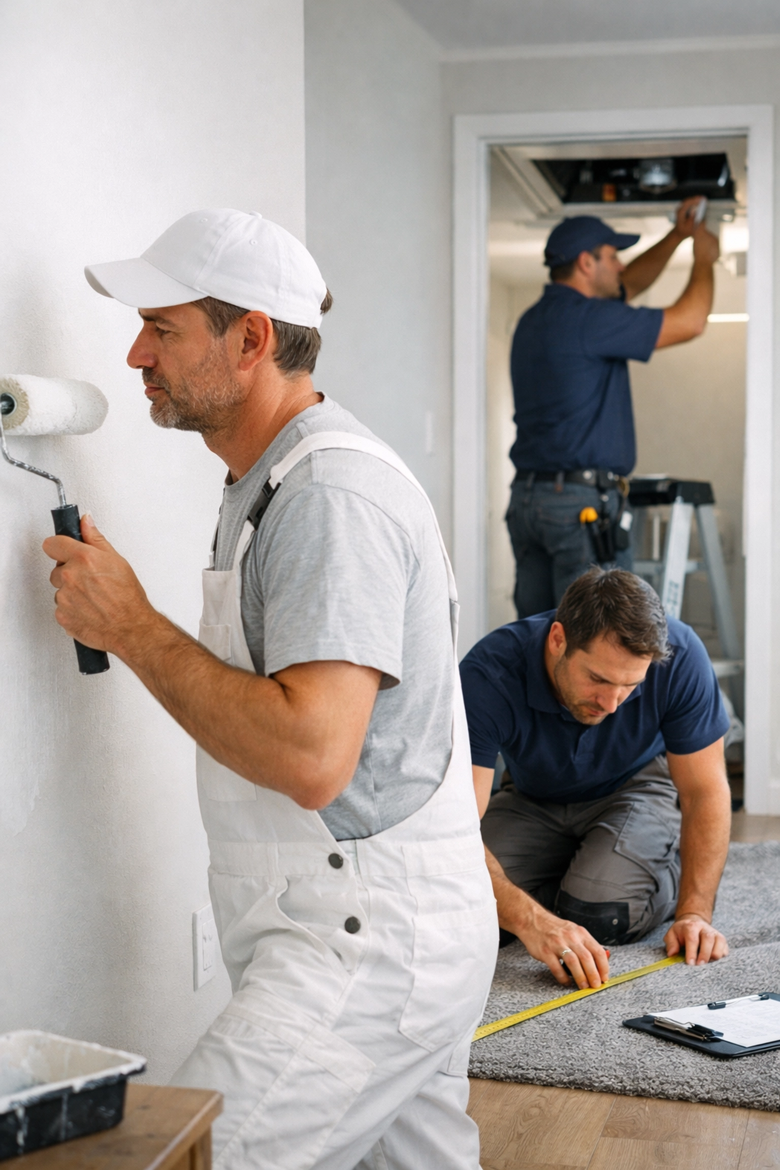 Multiple contractors coordinating apartment turnover work including painting and flooring