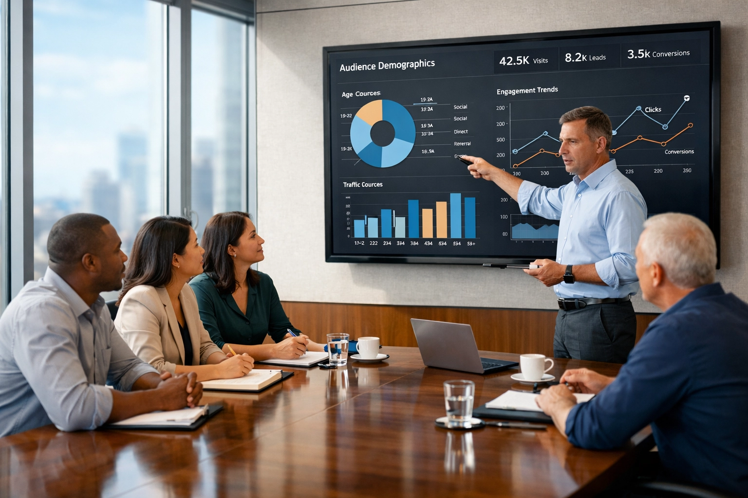 Executives analyzing data analytics and brand integration strategy for optimized media investment.