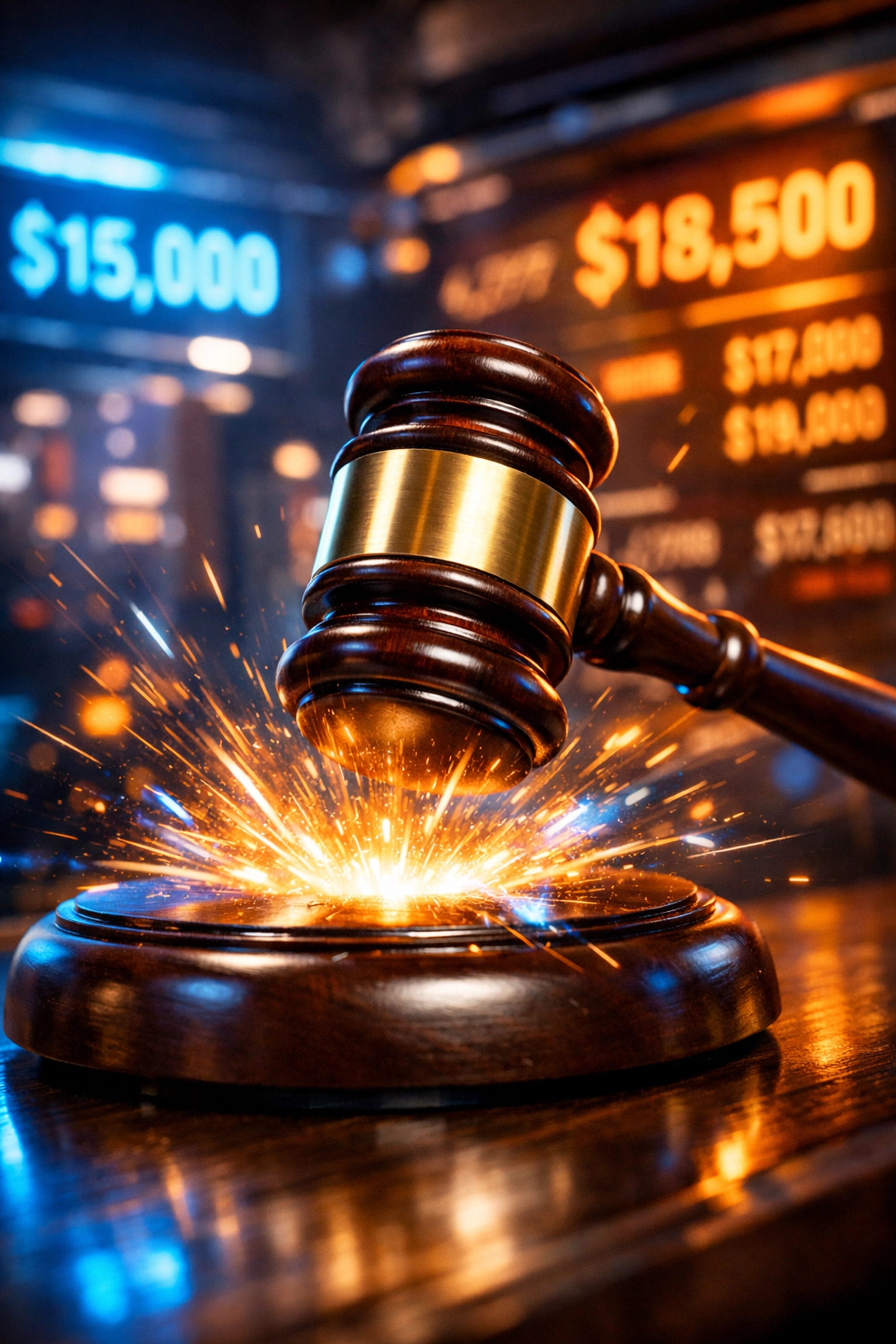 An auction gavel striking a block during a high-stakes sports memorabilia bidding event.