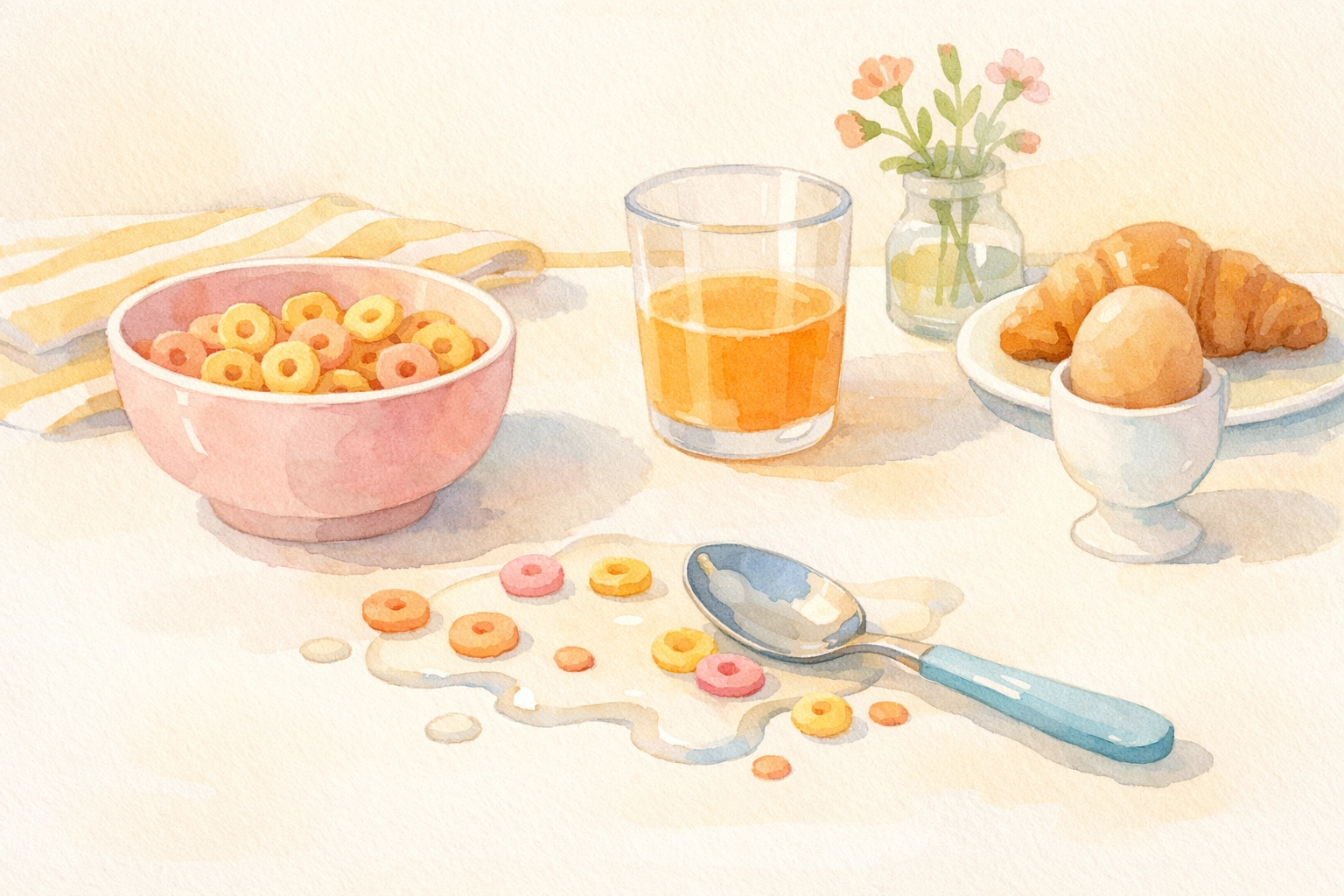 Messy breakfast table with spilled cereal showing real parenting moments